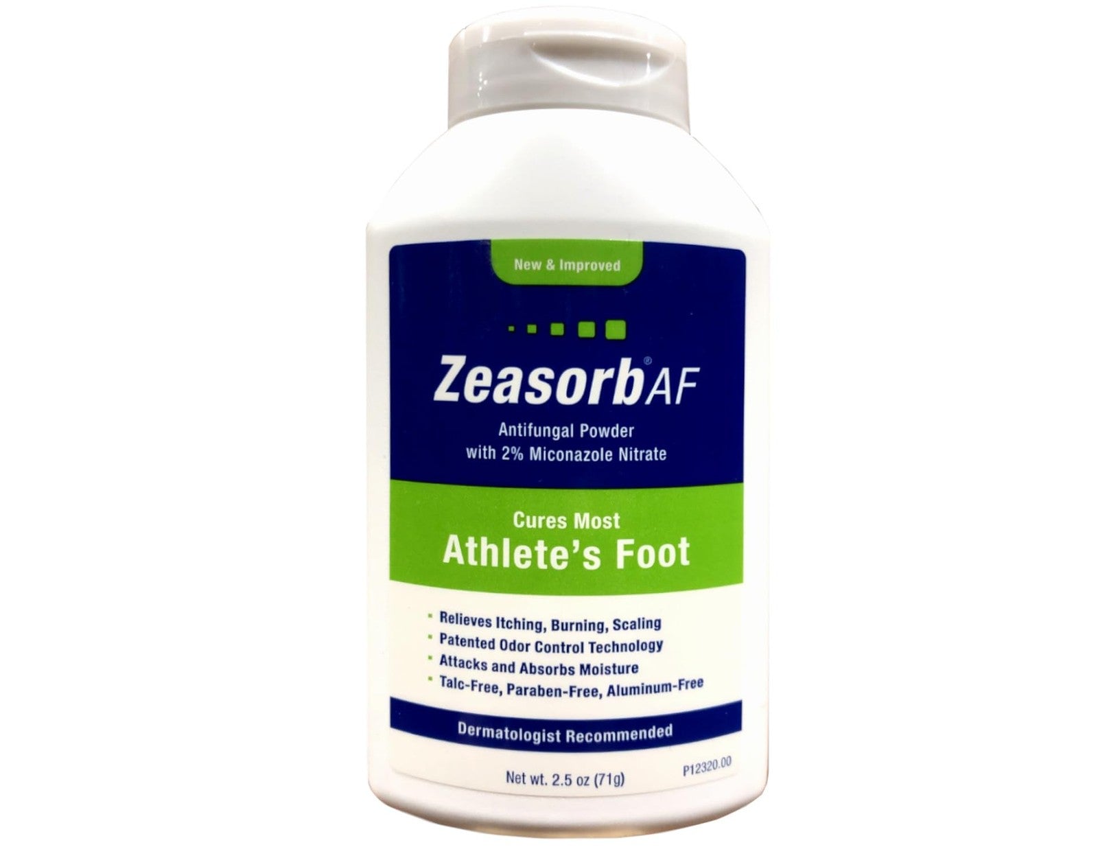 Unbranded Zeasorb Super Absorbent Powder antifungal treatment for athletes' foot in 2.5 oz container, showing the powder and packaging.