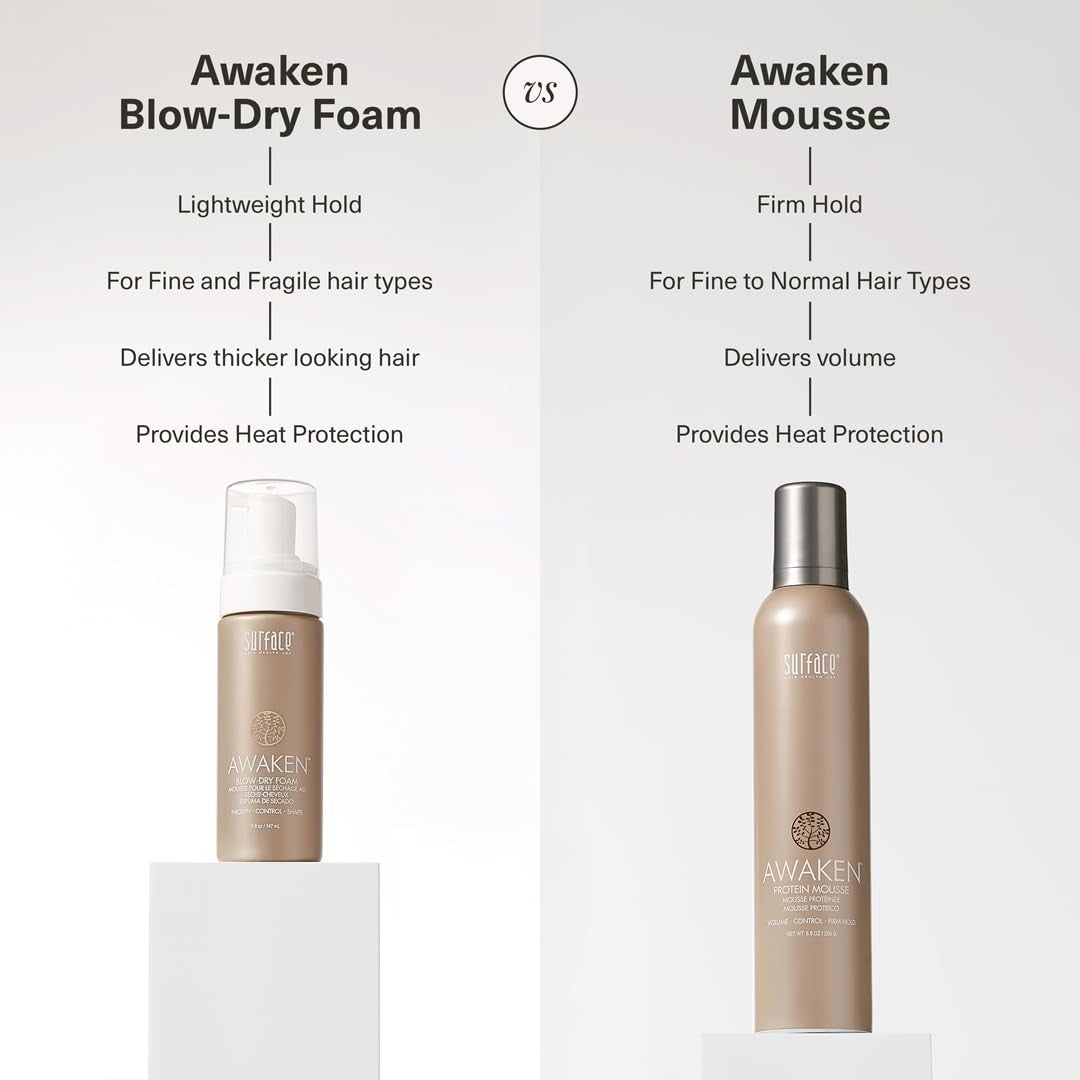 SURFACE Hair Awaken Thickening Blow Dry Foam for fine, fragile hair, showing the product bottle and foam application