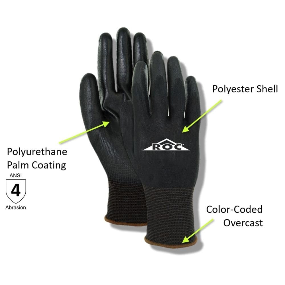 Pair of Magid Roc lightweight polyurethane palm coated work gloves in a 12-pack, showing the gloves laid out for industrial use.