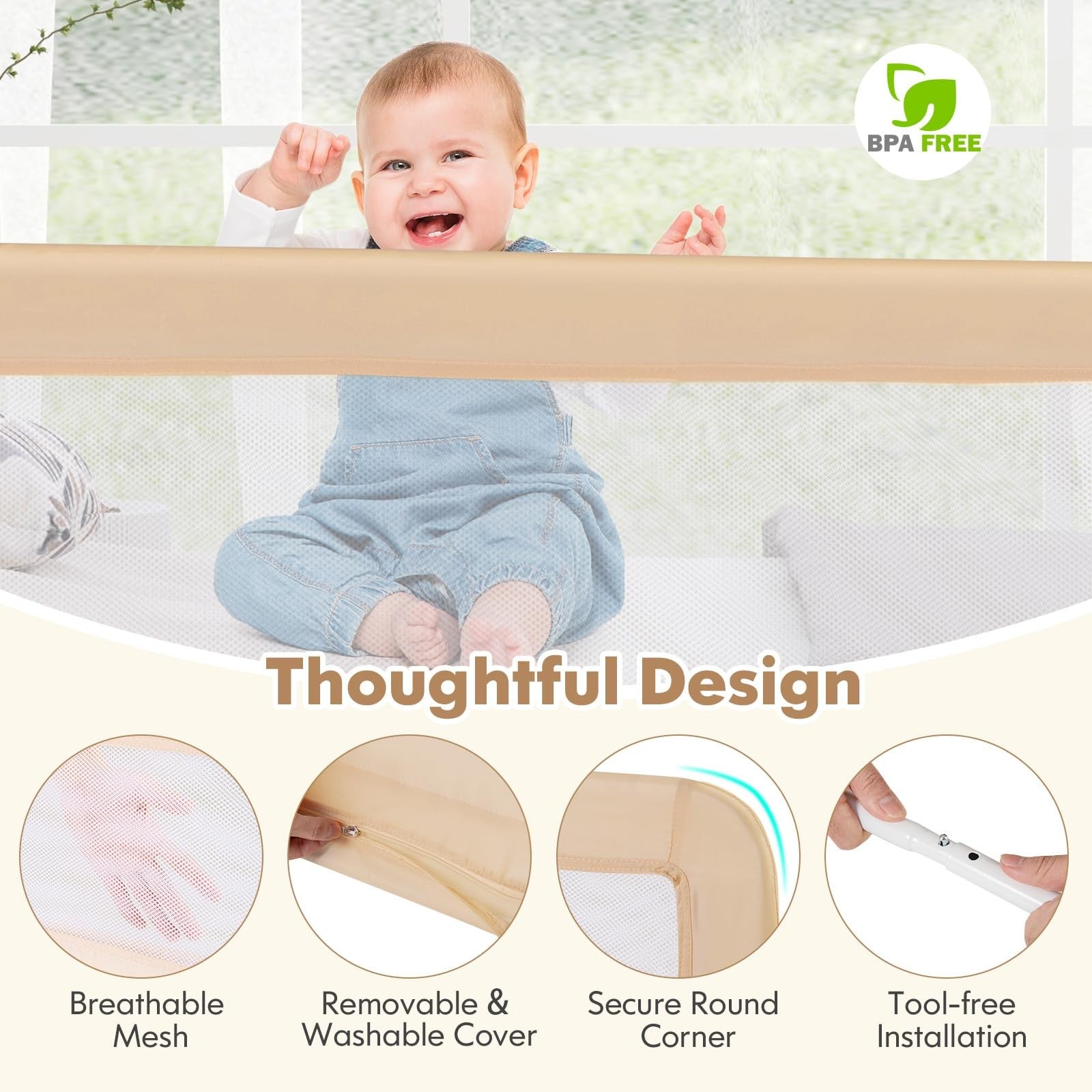 Baby Joy toddler bed rails with extra long swing-down safety guard, designed to prevent falls and ensure secure sleep.