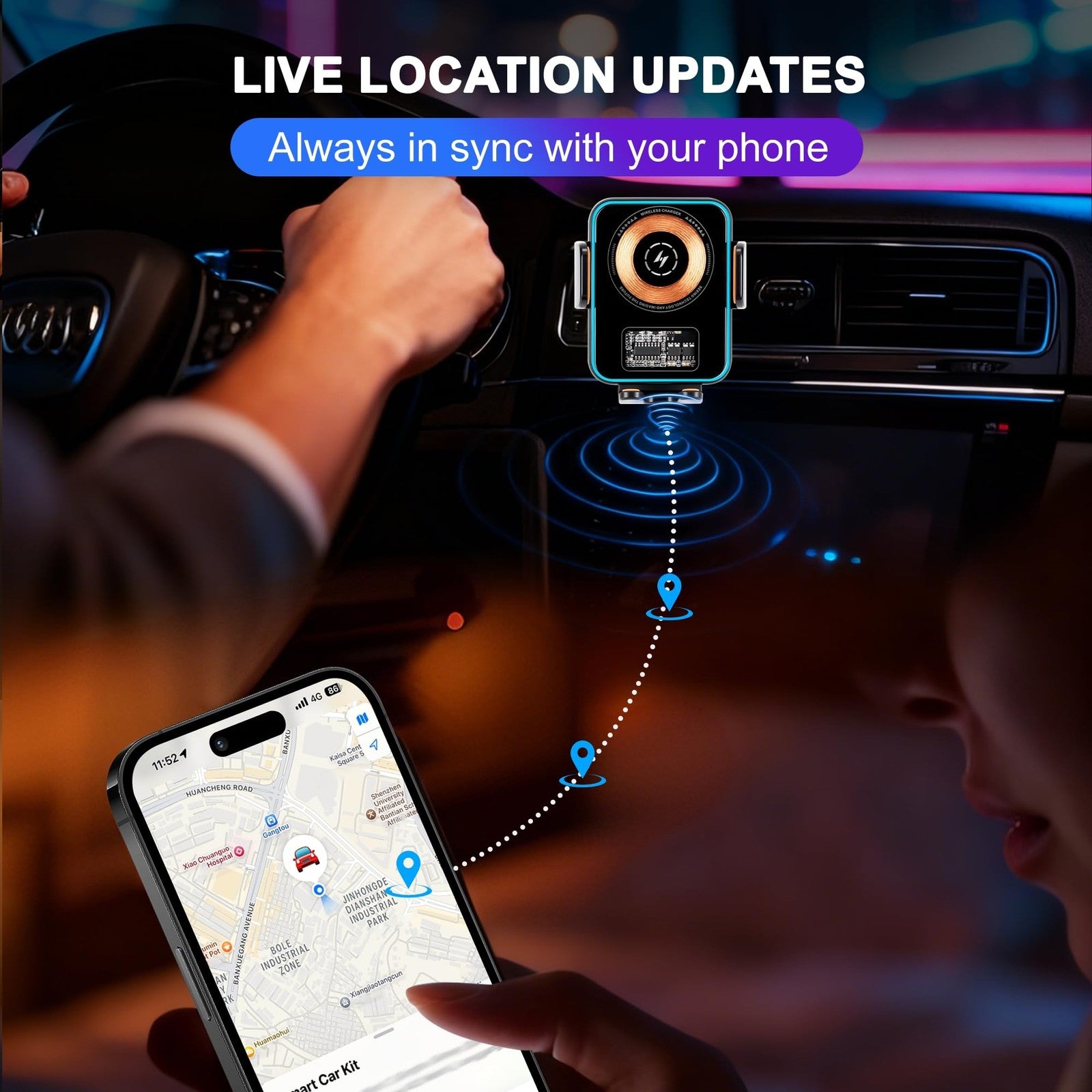 Gudluky 15W fast wireless car charger with built-in GPS air tracker tag, compatible with iOS devices, shown mounted in a vehicle.
