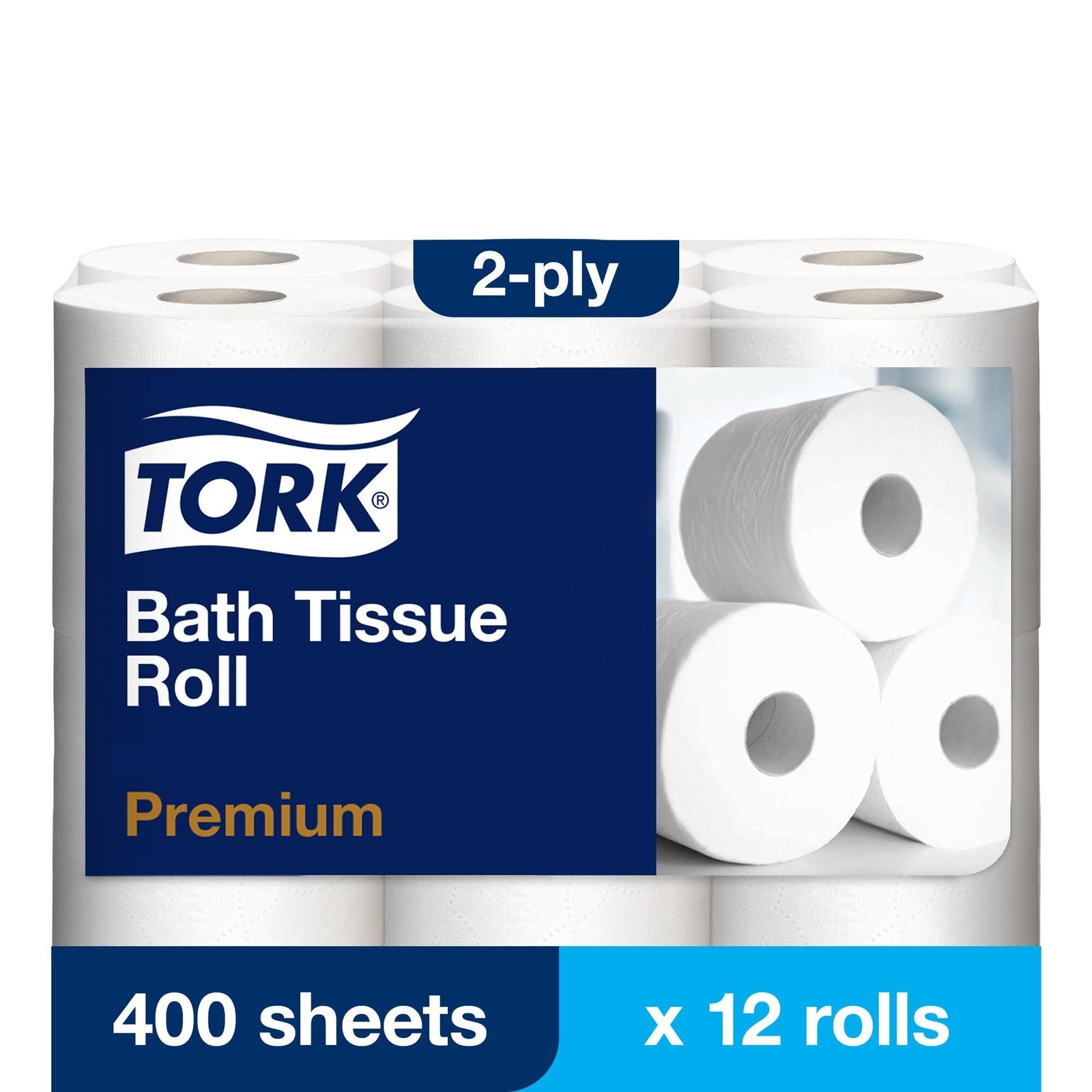 Tork premium 2-ply extra soft bath tissue roll, 12-pack of toilet paper, showing soft white 12 rolls stacked together.