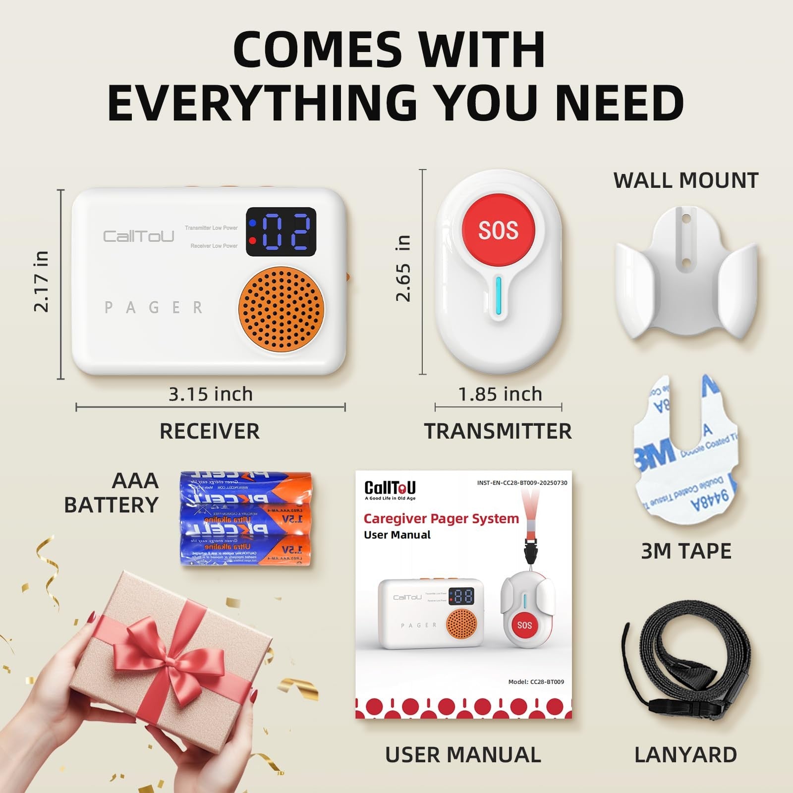 CallToU wireless caregiver pager with call button for elderly at home, portable device with a sleek design and alert button.