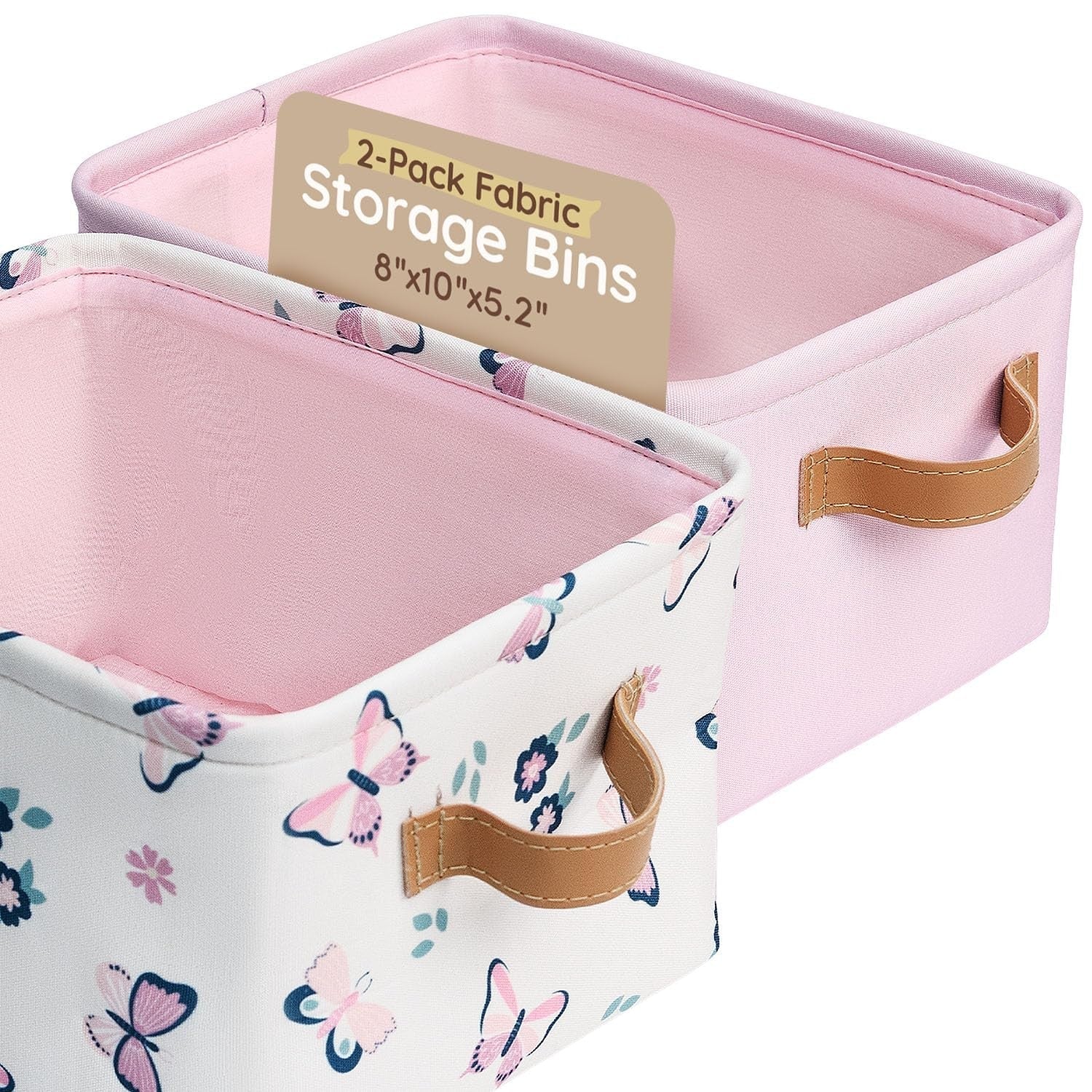 Pink collapsible fabric storage bins with butterfly design for nursery organization