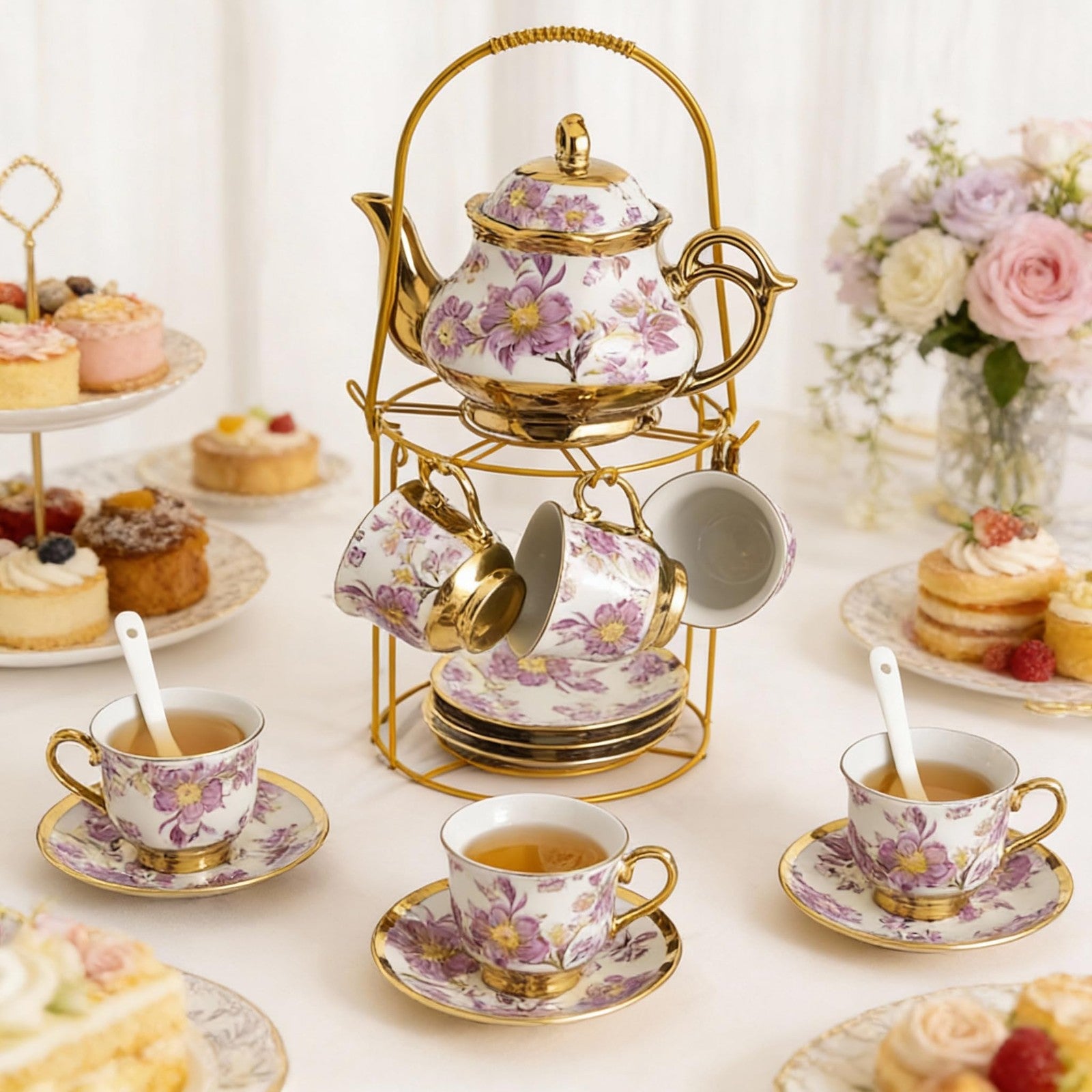 Set of 20 porcelain tea cups with metal holder, Hebaogugu European ceramic tea set, 700ml capacity, ideal for traditional tea serving.