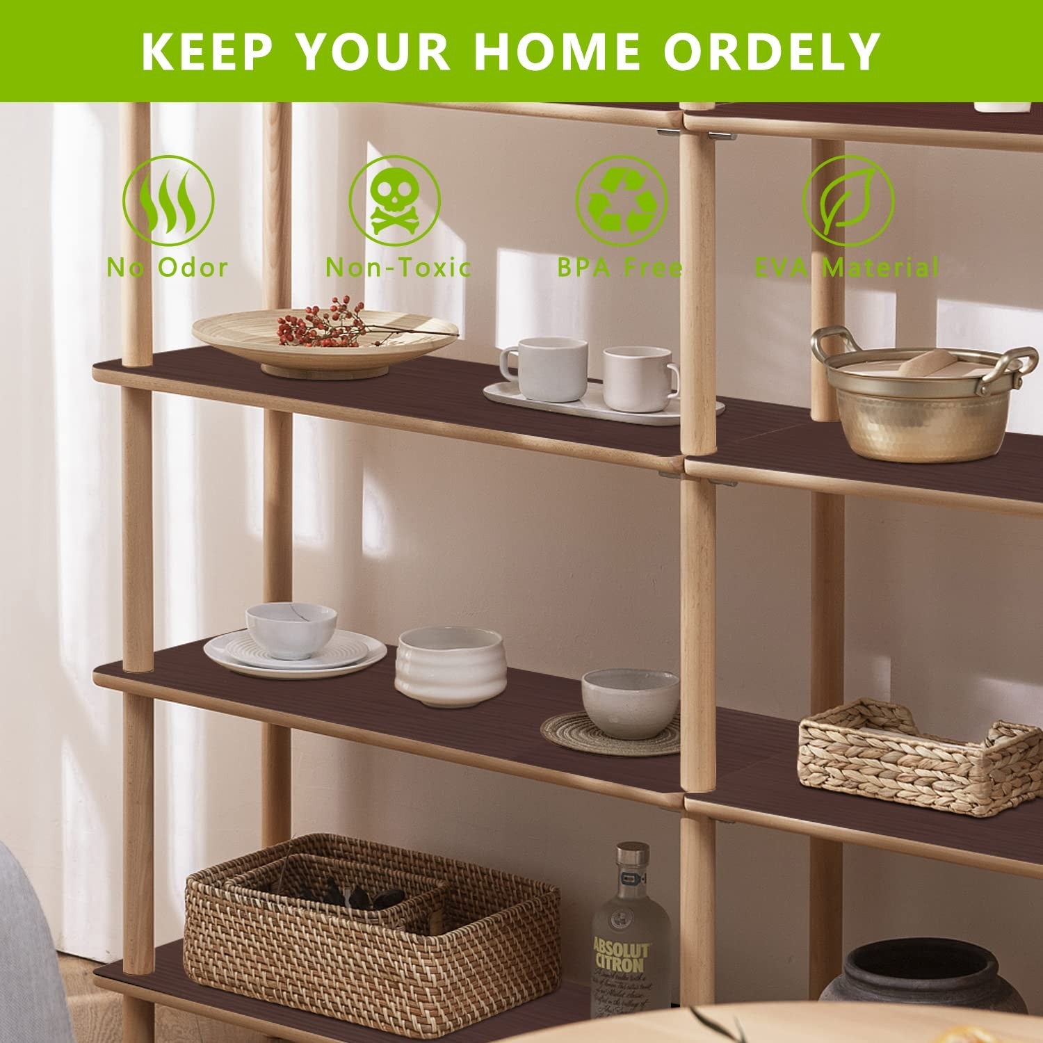 Anze durable kitchen cabinet shelf liner with non-adhesive design, fitting drawers and shelves for protection and organization.