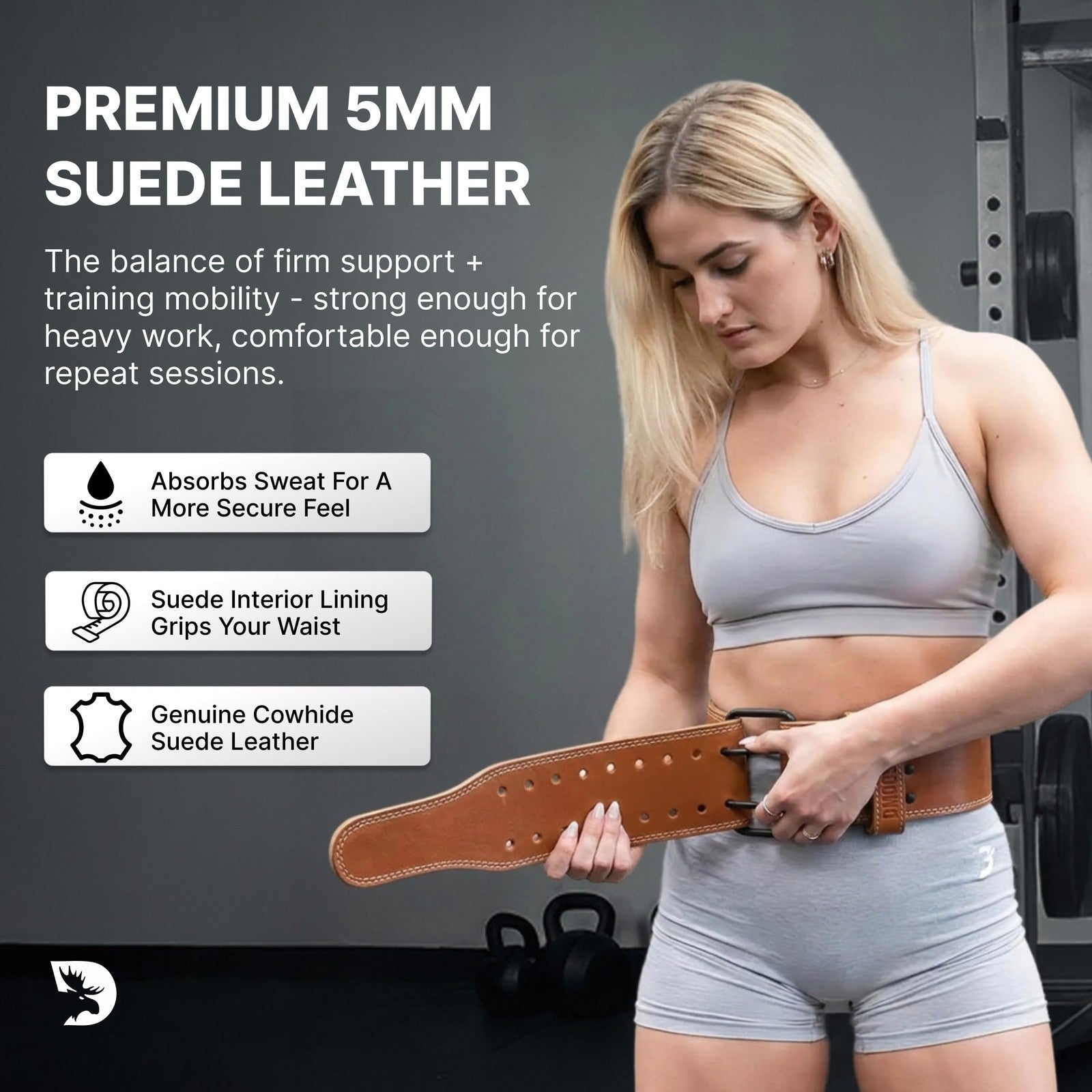 Genuine leather Dmoose Fitness weightlifting belt for men and women with adjustable straps and sturdy construction.
