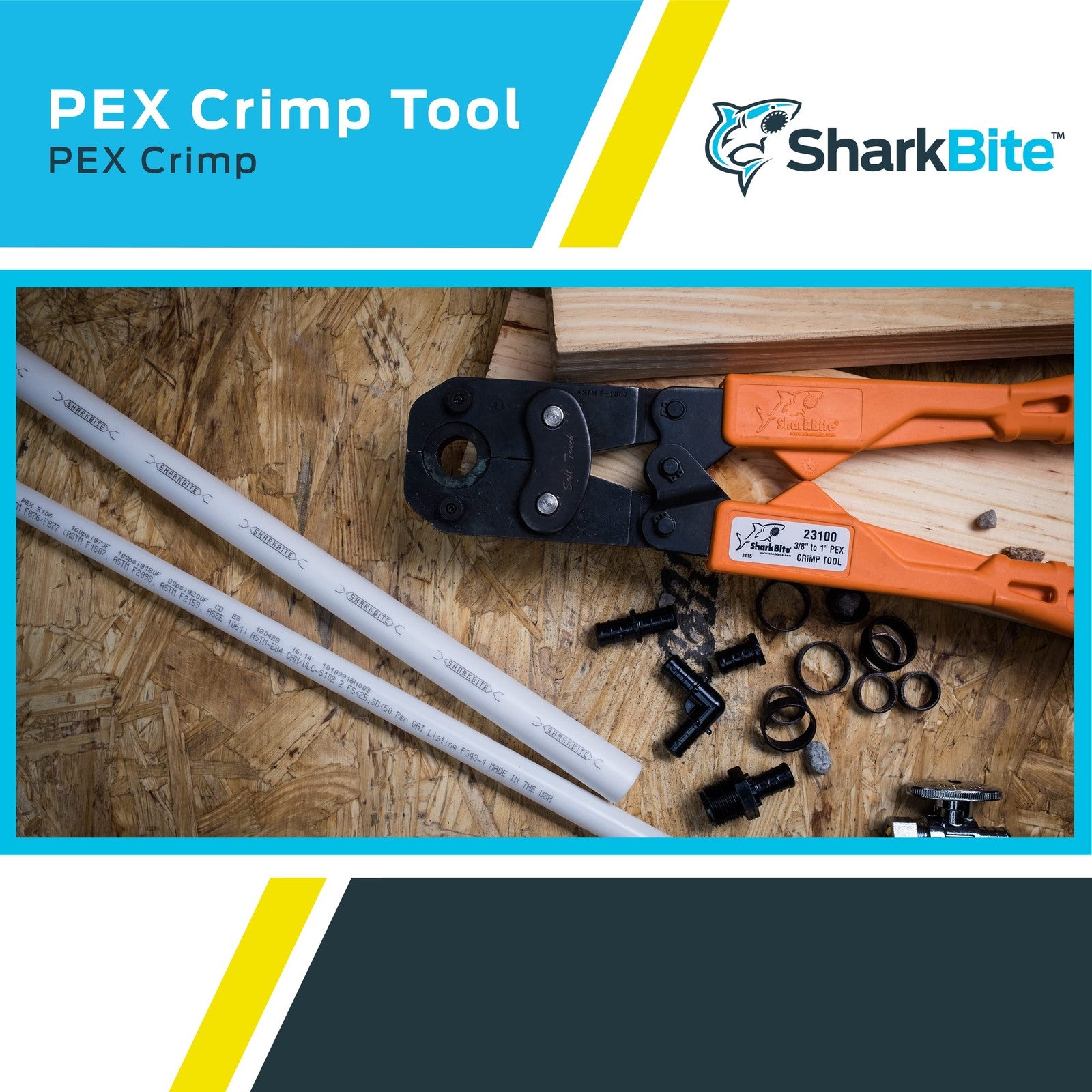 SharkBite 3/8 inch PEX crimp tool with orange handles and multiple heads for plumbing pipe crimping and fittings.