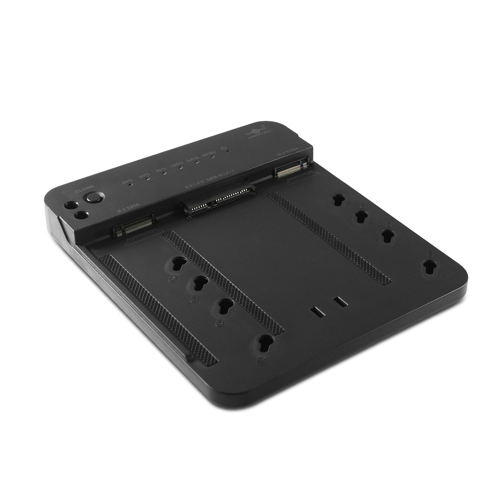 Vantec multi-function storage adapter with clone feature for M.2 NVMe, SATA SSD, and HDD drives showing ports and connections.