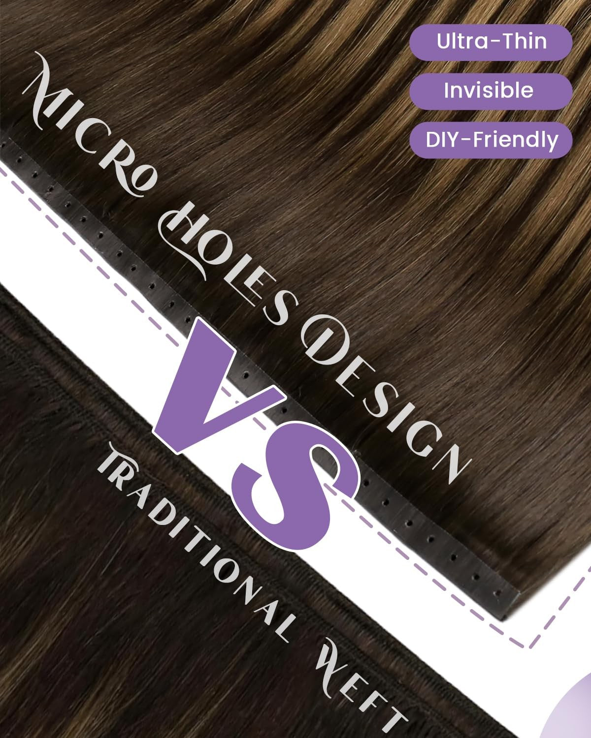 Natural human hair Laavoo Butterfly Weft extensions with micro beads in a balayage style, shown with attached butterfly clips.