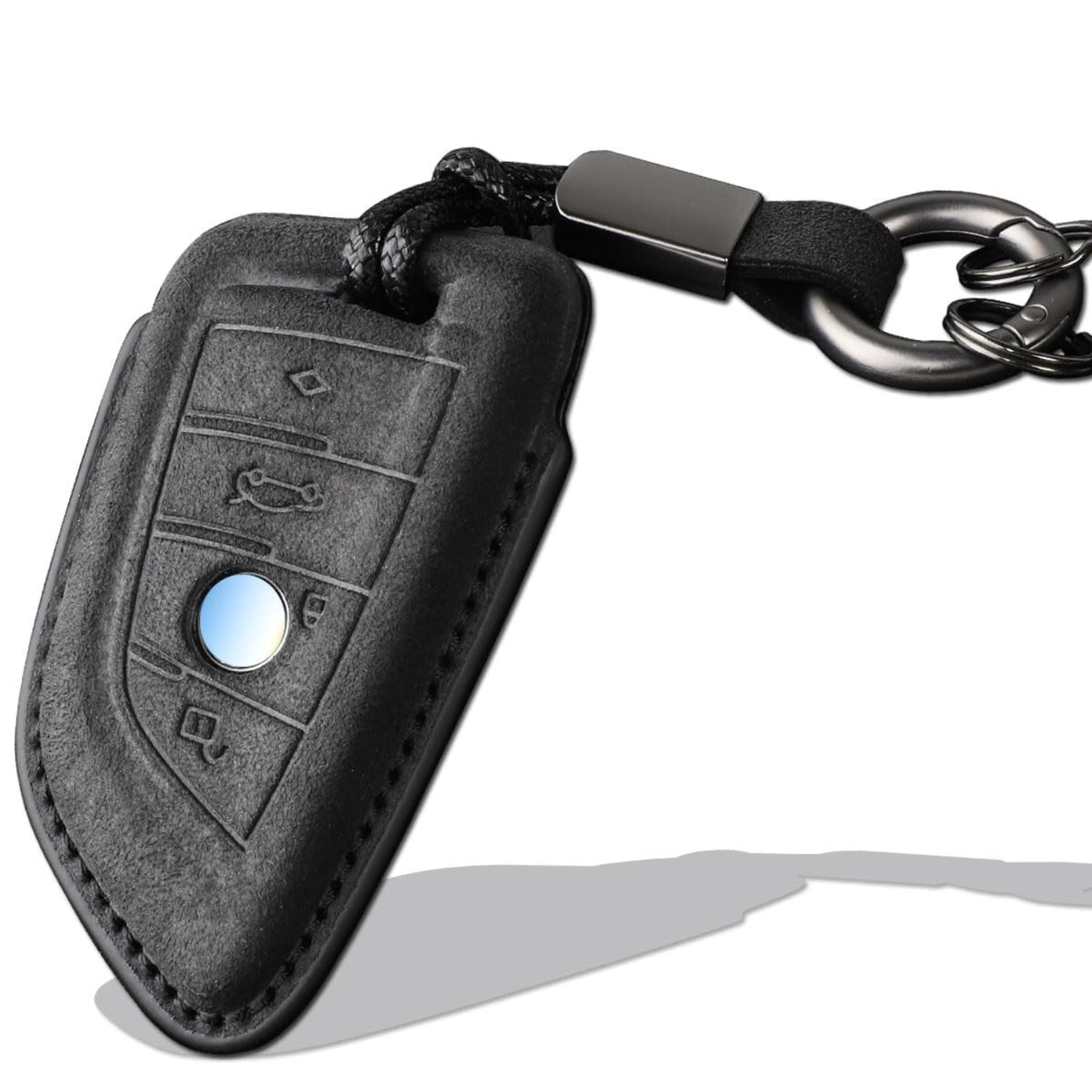 XMZAIMY BMW key fob cover with keychain for 3, 5, 6, 7 Series X1 X2 X3 X5 X6 models, showing the protective case and attached keychain.