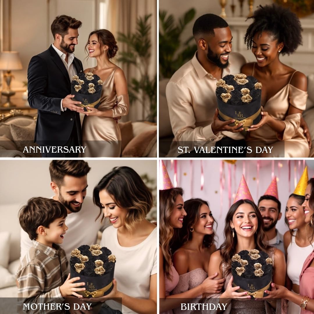 LUX BLOSSOM BOUTIQUE 17 Black and Gold Forever Roses in a velvet box, luxury Valentine floral arrangement