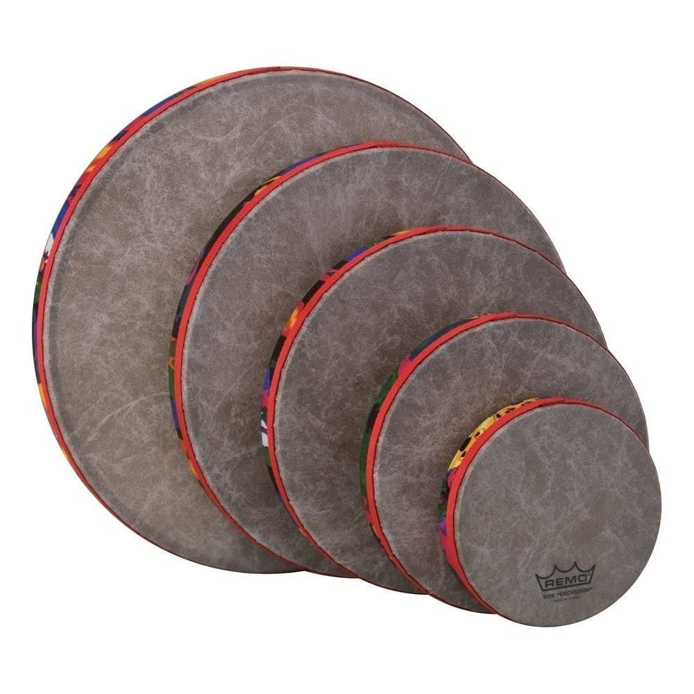 Remo fabric rain forest tambourine with frame drum set, featuring vibrant rainforest-themed design and durable construction.