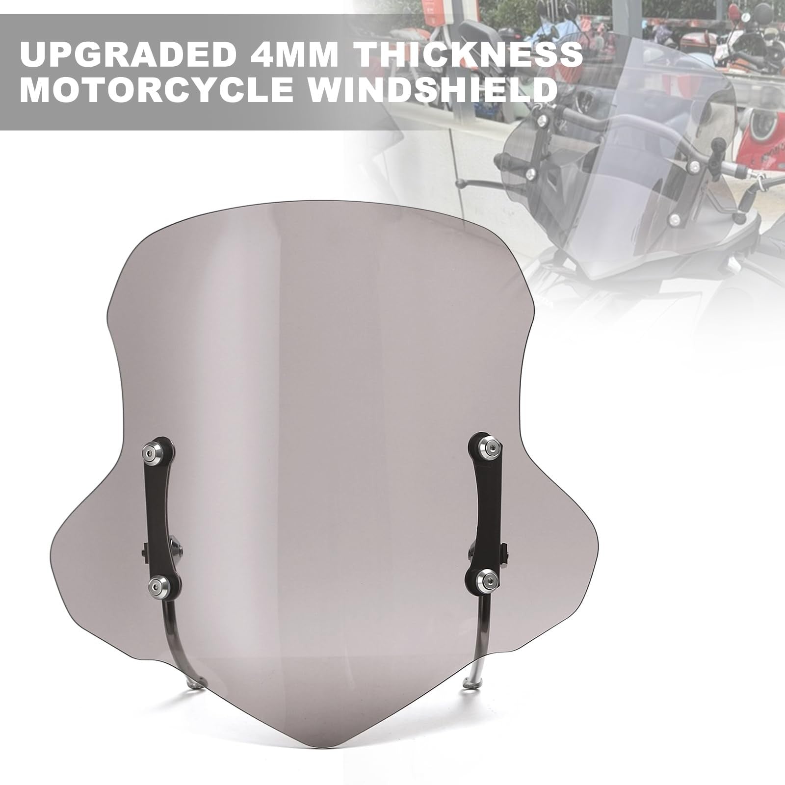 Mokuo universal motorcycle windshield in clear PC material, 4mm thickness, with a sleek, aerodynamic design.