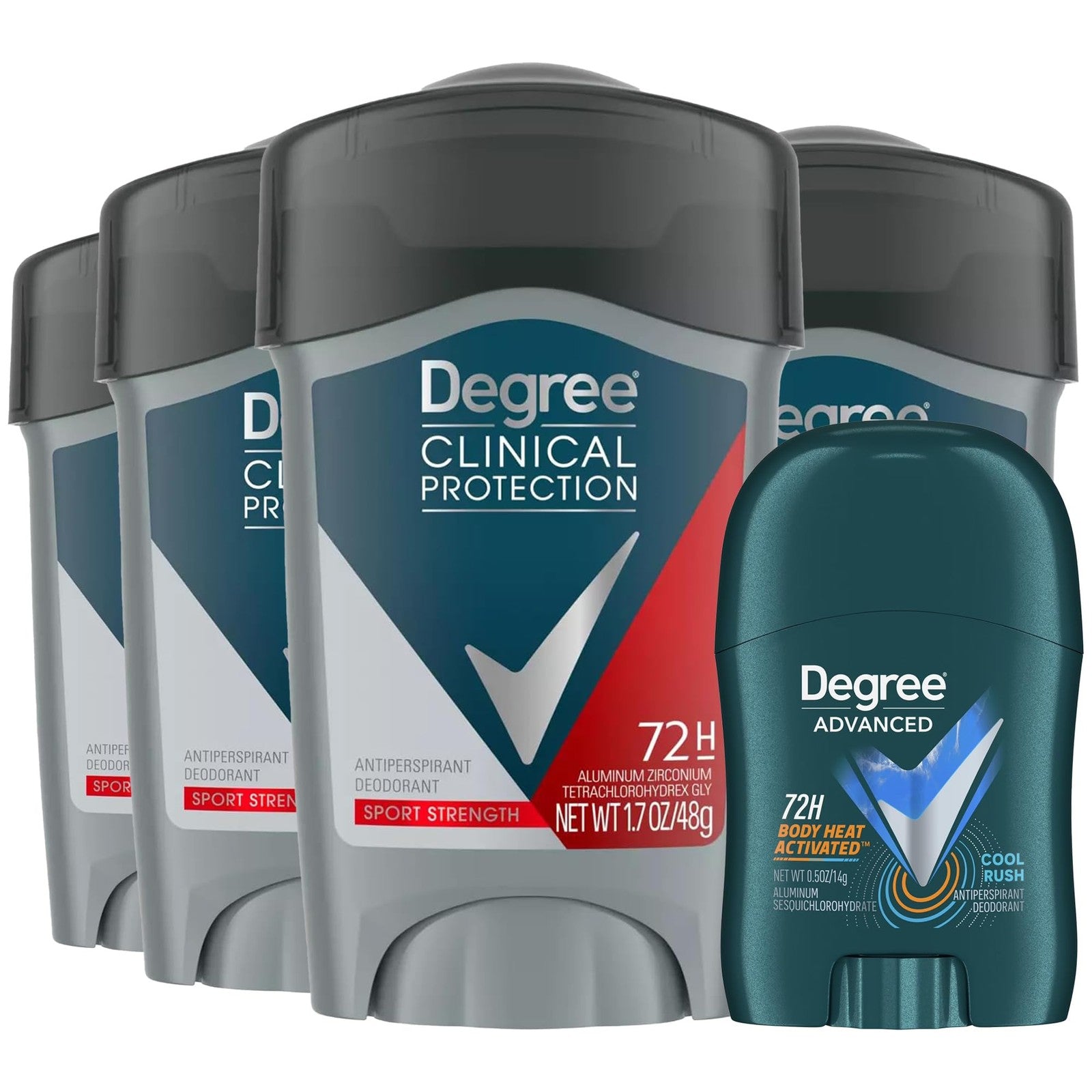 Degree Men Sport Strength Clinical Protection deodorant 4-pack, antiperspirant with 72-hour sweat and odor protection.