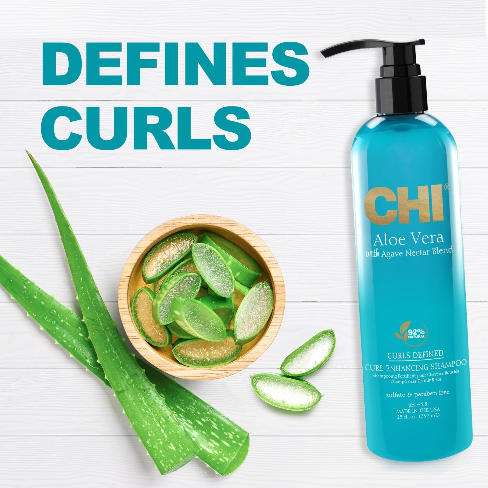 CHI Aloe Vera Curl Enhancing Shampoo bottle with label, showcasing the product designed to gently cleanse and hydrate curly hair.