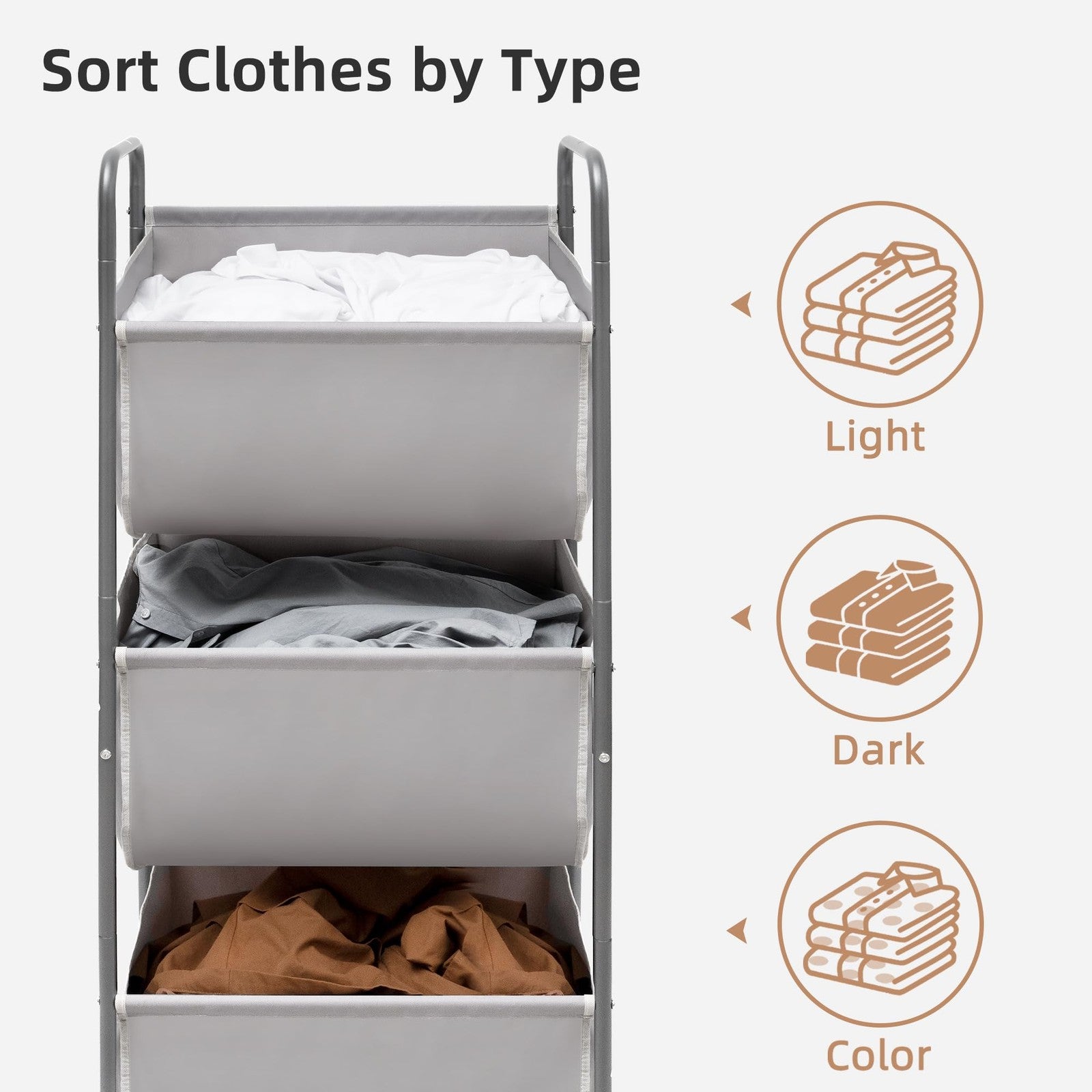 Storage Maniac 120L vertical rolling laundry hamper with three sections for sorting clothes, featuring handles and wheels.