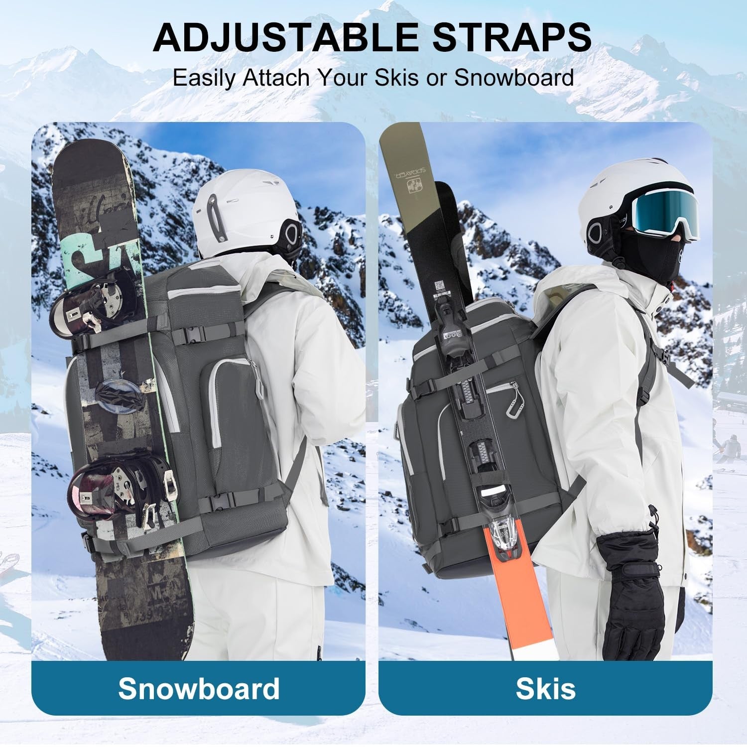 Lunidry 65L waterproof ski and snowboard boot bag showing a spacious black travel backpack with multiple compartments and straps.