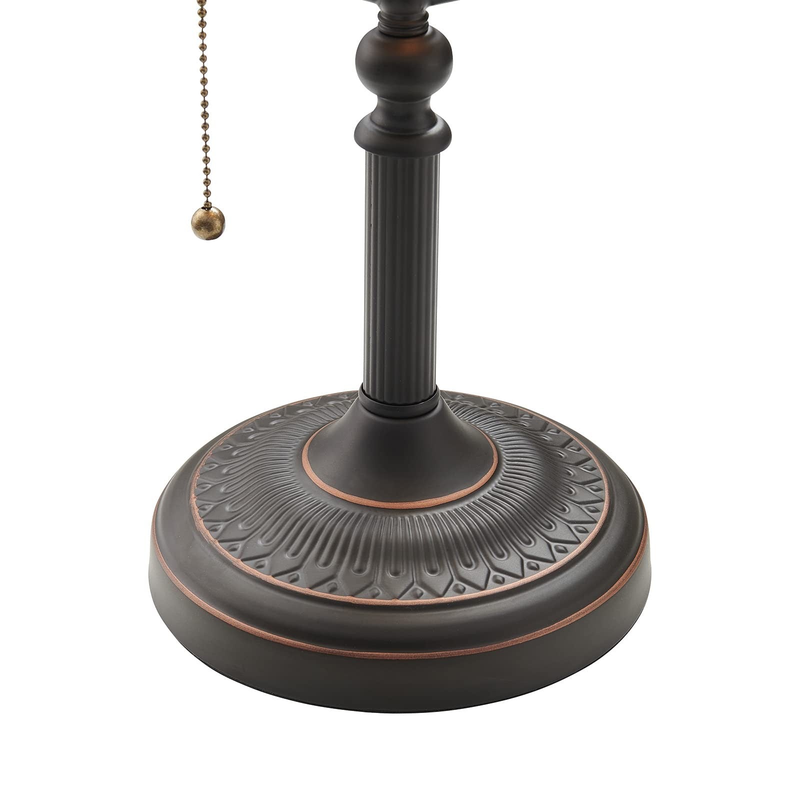 Newrays orange glass bankers desk lamp with matted finish, pull chain switch, plug-in fixture, and classic design.