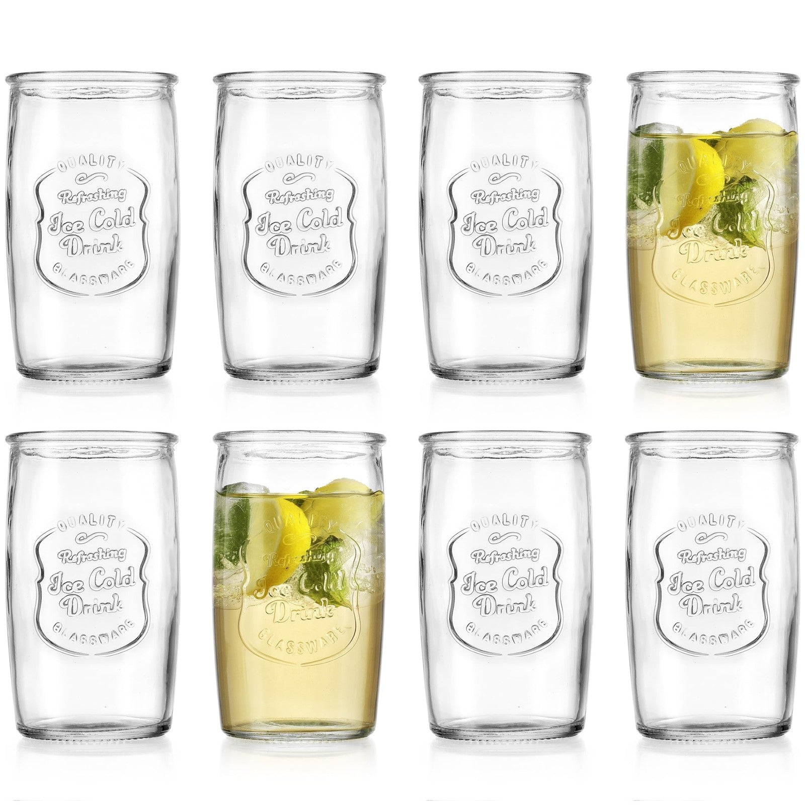 Set of 8 Glaver's highball glass cups, 20 oz stemless tall drinking glasses for beverages, clear and durable.