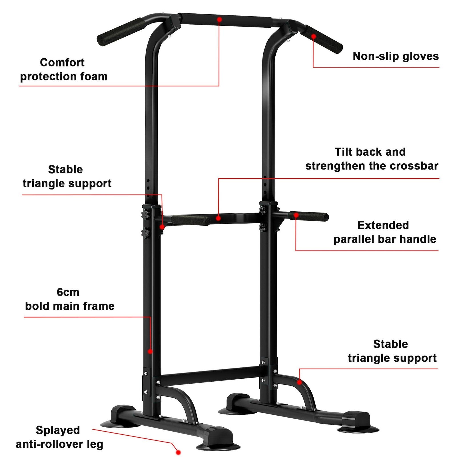 SogesHome power tower pull-up bar and dip station with adjustable height for strength training and upper body workouts.