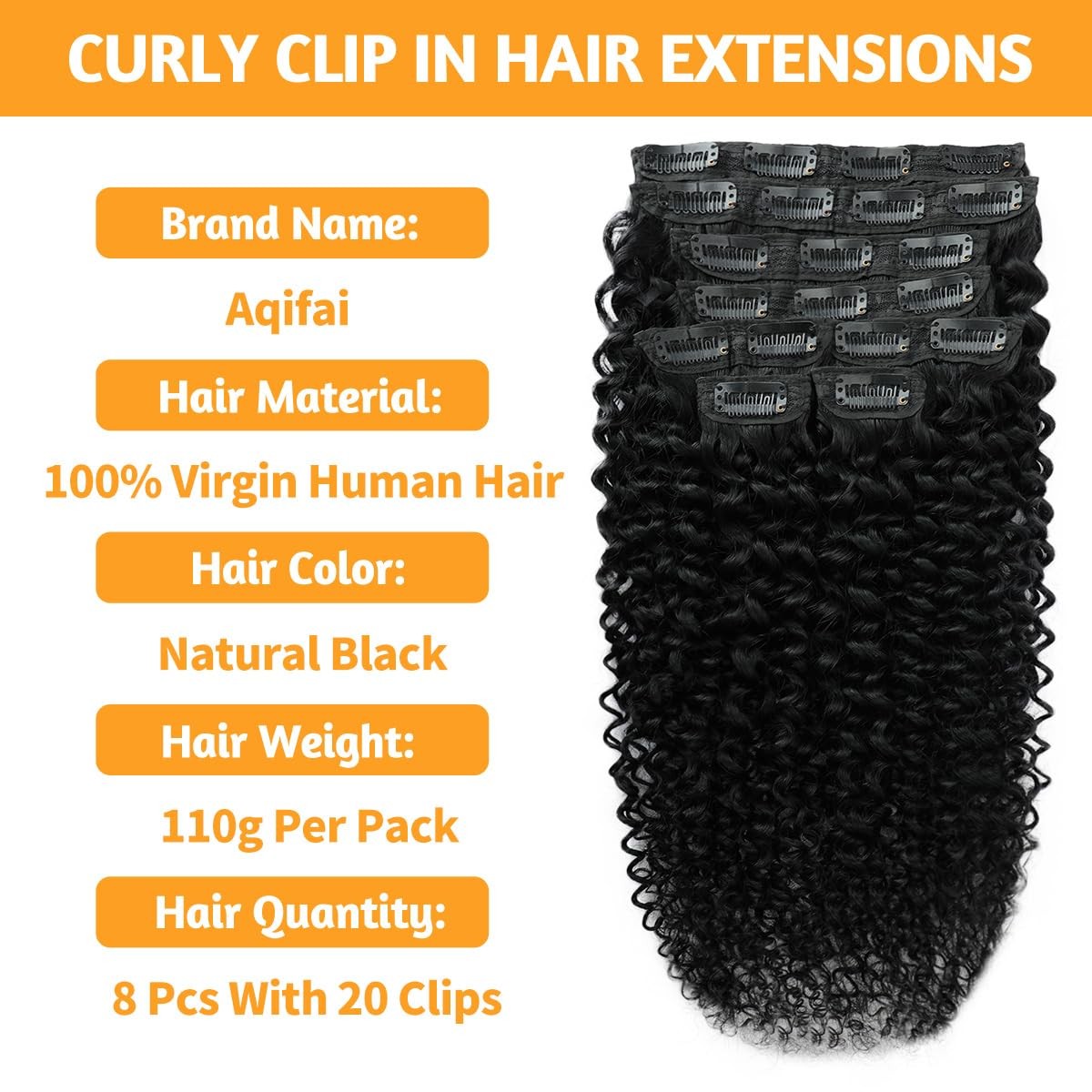 Aqifai 22-inch kinky curly clip-in human hair extensions, 8-piece set with 20 clips, 3C 4A curly texture, natural dark brown color