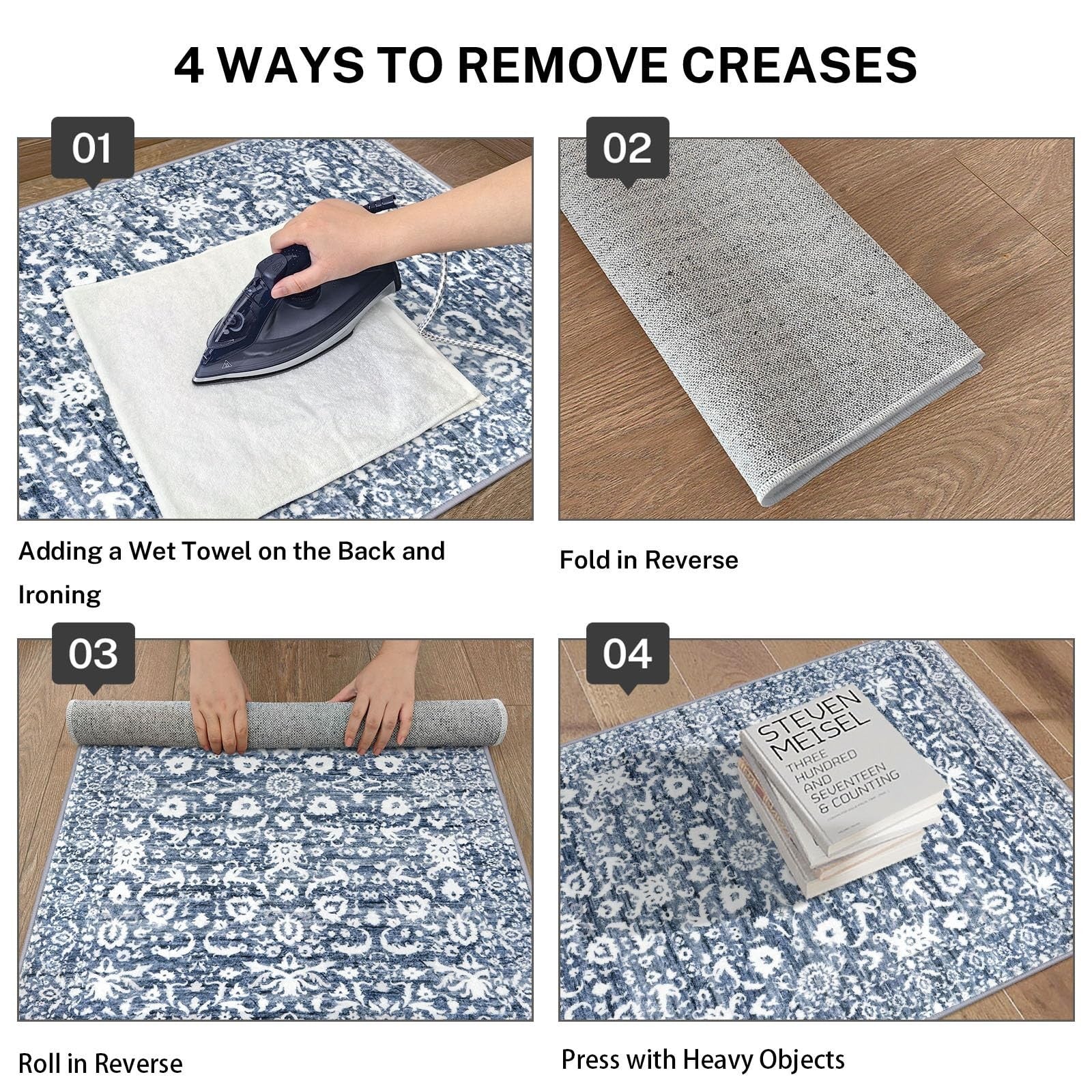 Lansny Vintage Floral 2x7 runner rug in light blue and white, washable bedroom rug with non-slip backing and floral pattern.