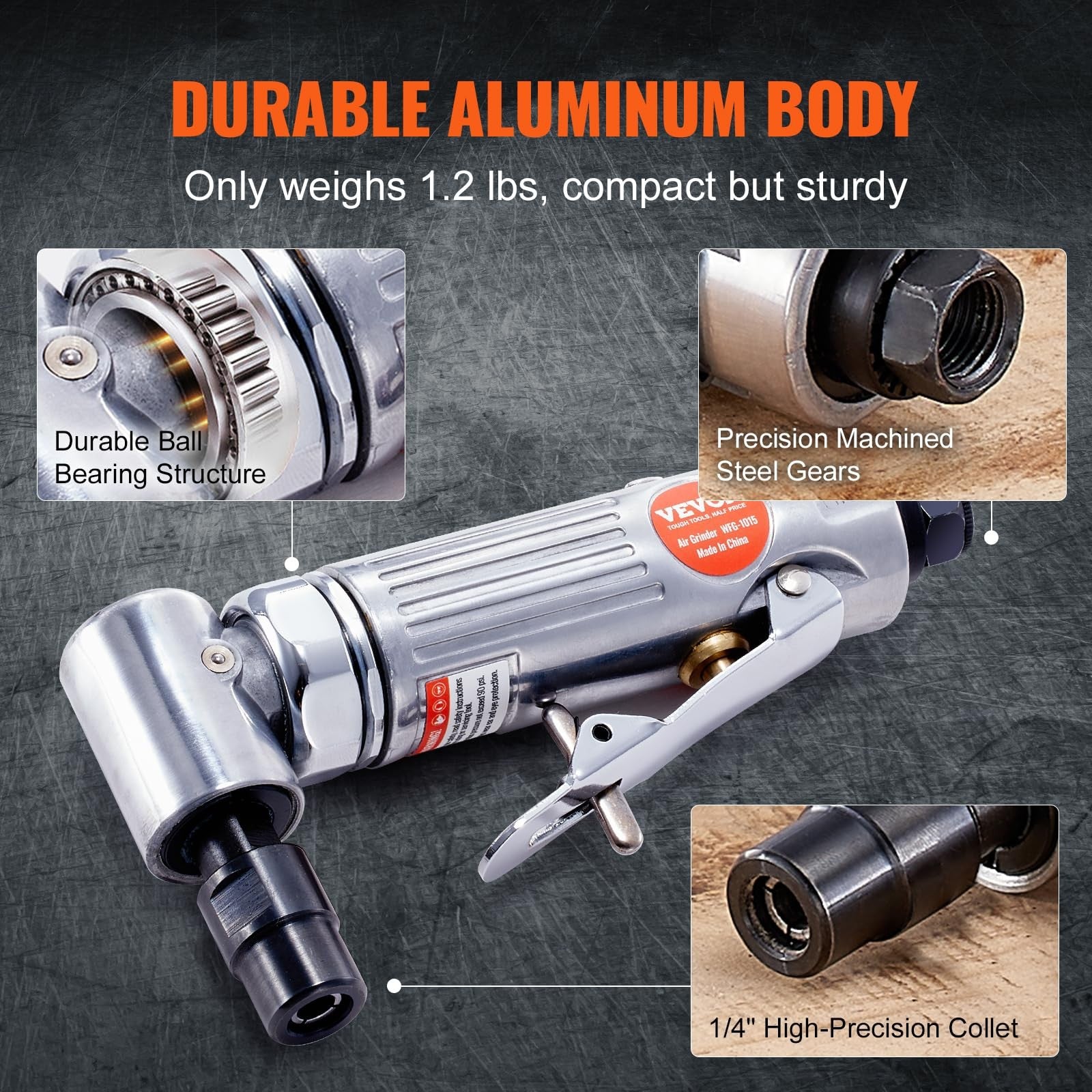 VEVOR 1/4 inch right angle air die grinder with lightweight design and ball bearing, showing the tool's angled head and grip.