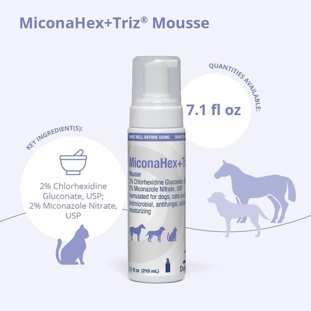 MiconaHex+Triz Mousse for dogs, cats, and horses, showing the 7.1 oz bottle with foam application on animal skin and coat.