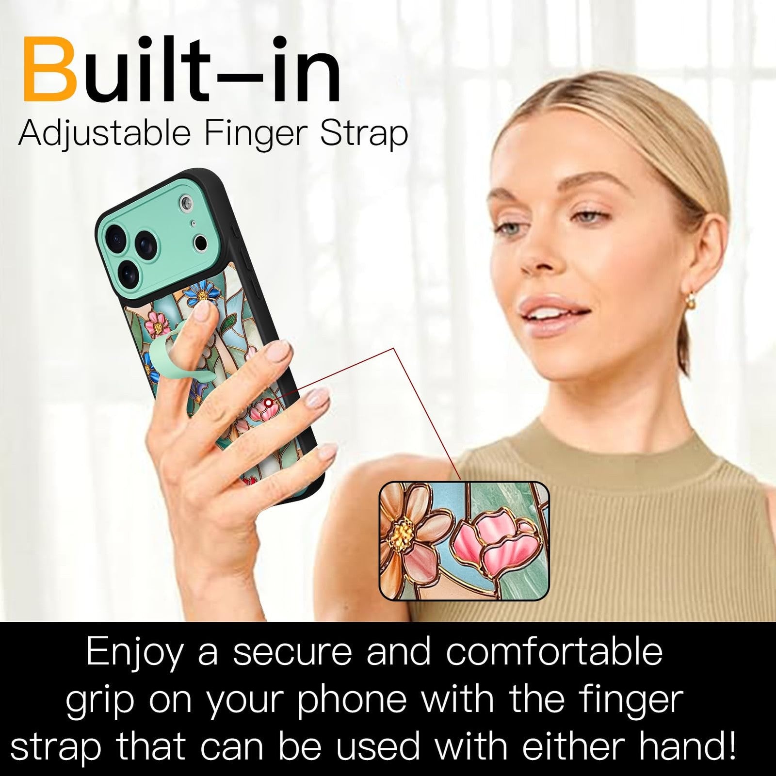 SOKAD 3D floral iPhone 17 Pro phone case with finger strap and kickstand, featuring vibrant floral design and protective cover