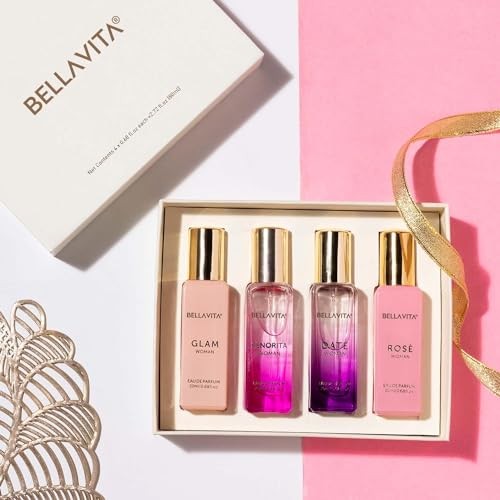 BellaVita Luxury women's perfume gift set with four floral, sweet, and spicy scented 20ml bottles arranged in a display.
