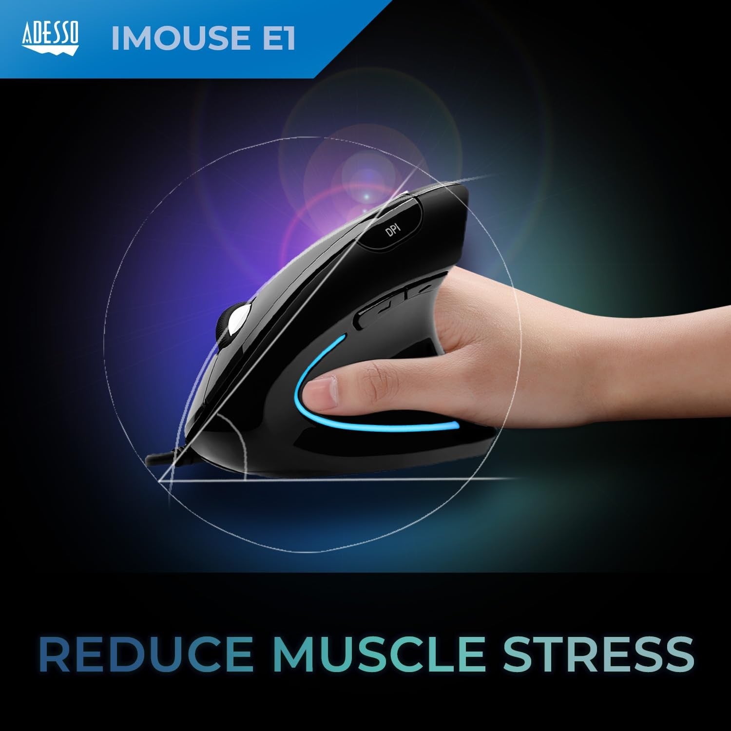 Adesso wired vertical ergonomic optical USB mouse with illuminated accents and six buttons, designed for comfortable right-handed use