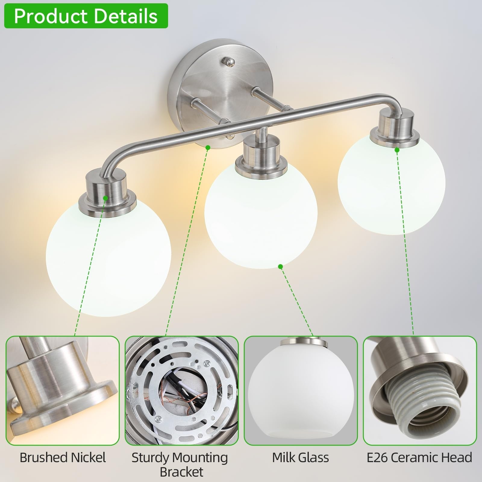 Watyo brushed nickel bathroom vanity light fixture with three wall sconces for modern bathroom decor.