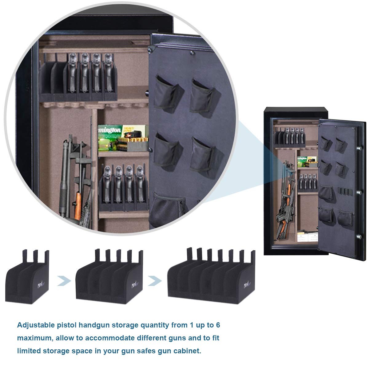 MIND&ACTION foam pistol rack for gun safe and gun cabinet accessories, holding multiple handguns securely.