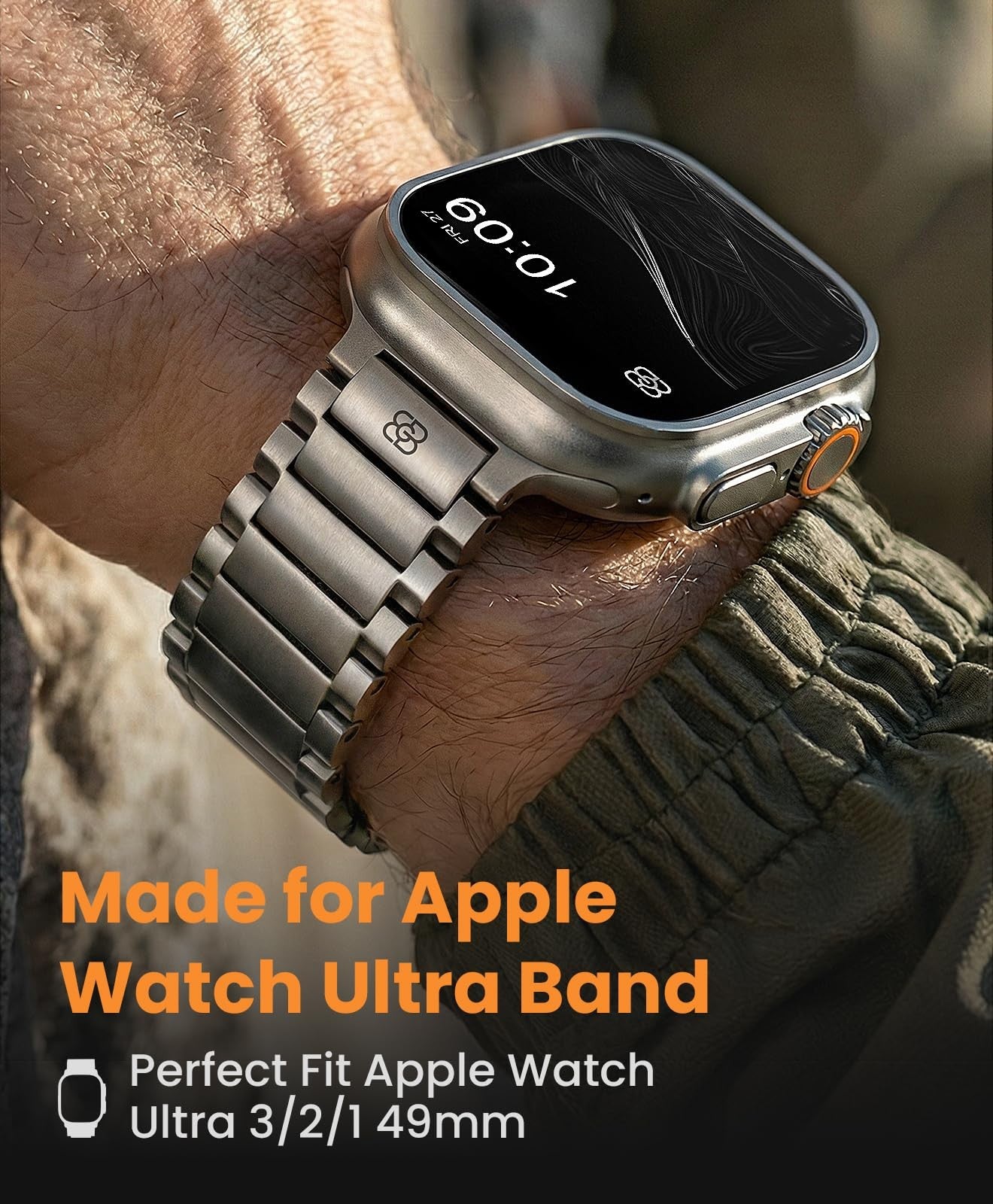 Titanium band for Apple Watch Ultra 3/2/1 49mm and Series 11/10 46mm, unbranded, showing sleek design and durable construction.