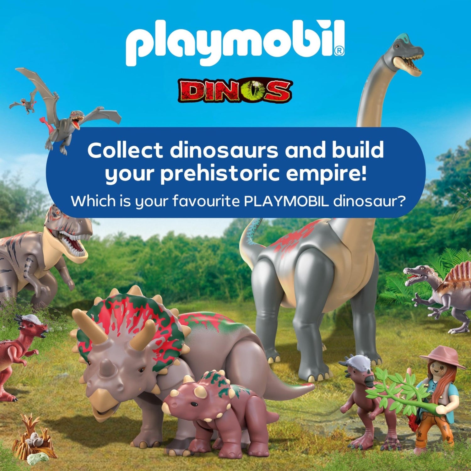 Playmobil Triceratops family set with scientist figure and dinosaur egg, detailed plastic toy for imaginative play.