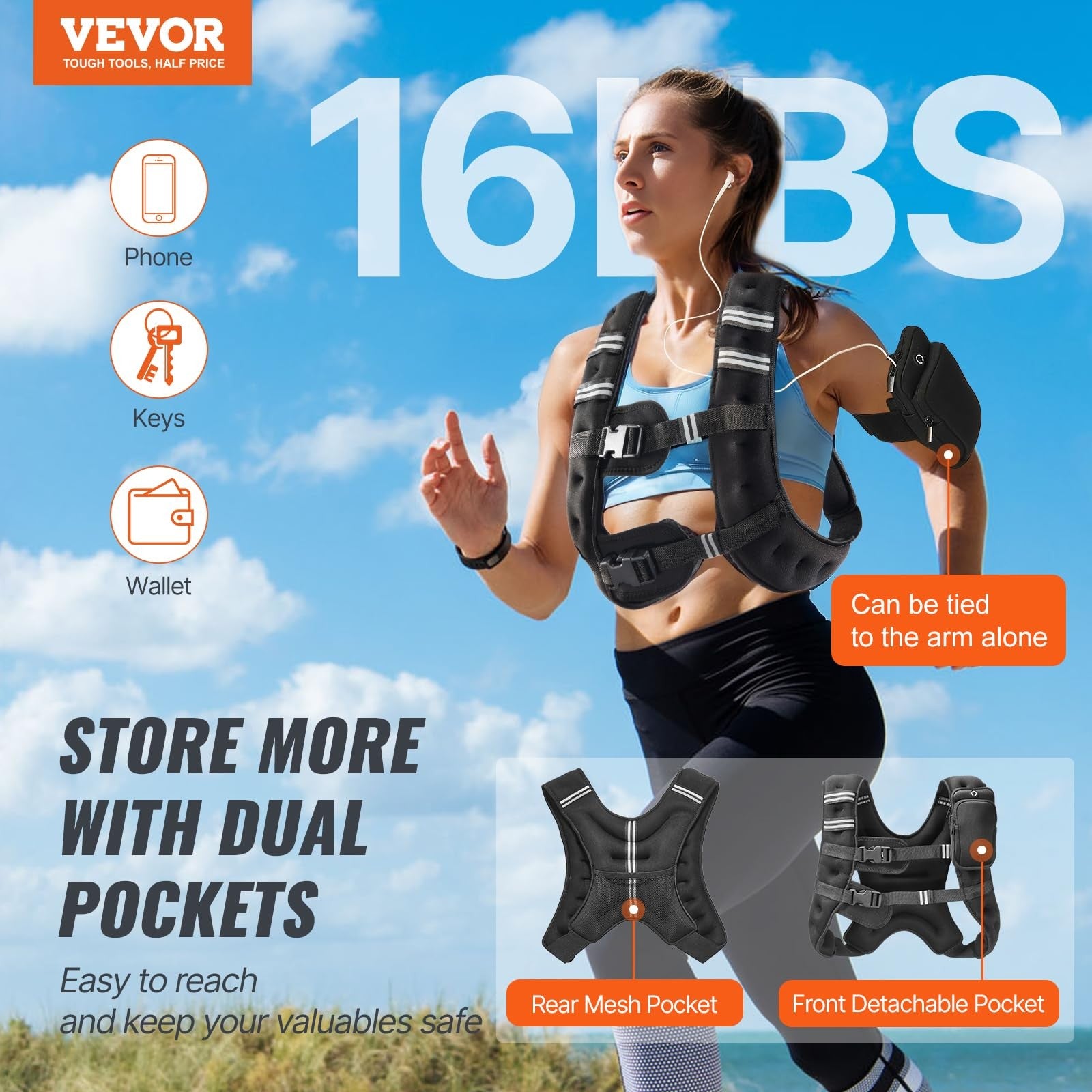 VEVOR 16 lb weighted vest with reflective stripe and adjustable buckle, designed for fitness and strength training.