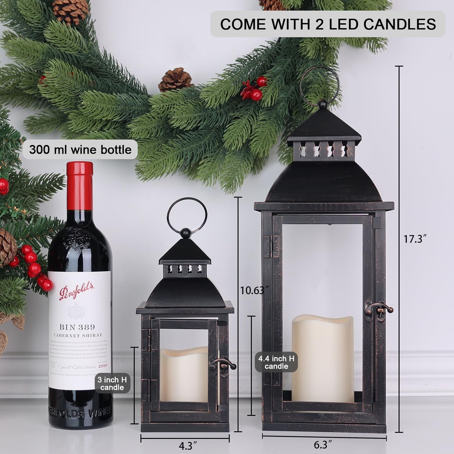Set of 2 NEEDOMO LED lanterns with large bronze metal design, ideal for decorative outdoor and indoor lighting.