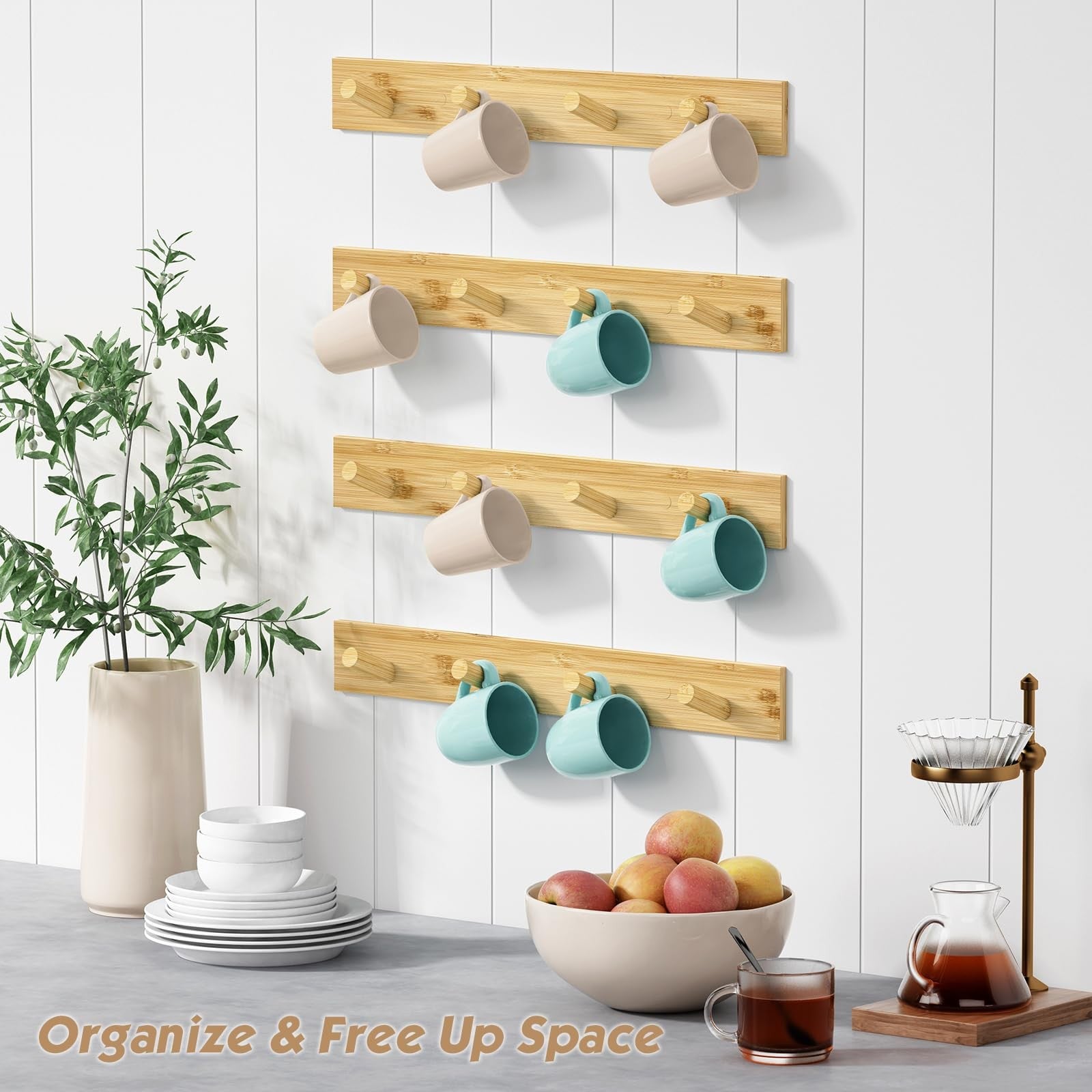 Forbena natural wood wall mount coat rack set of 4 with hooks, ideal for bathroom or entryway organization.