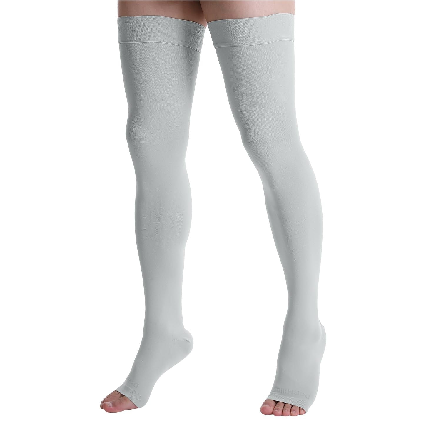 Doc Miller thigh high compression socks with open toe design, 20-30mmHg for varicose veins, shown on a model's legs.
