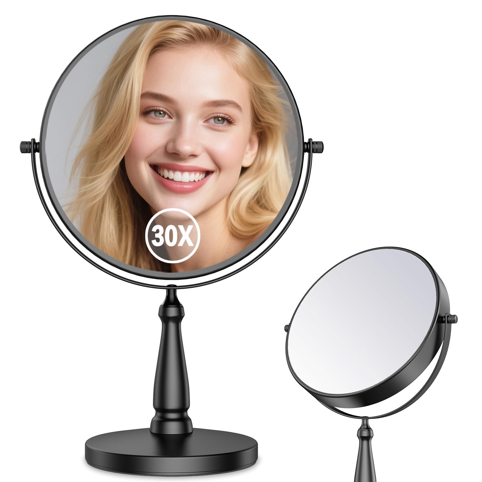 WOOCICA 30X magnifying metal tabletop vanity mirror for women, with adjustable stand and clear reflection for makeup application