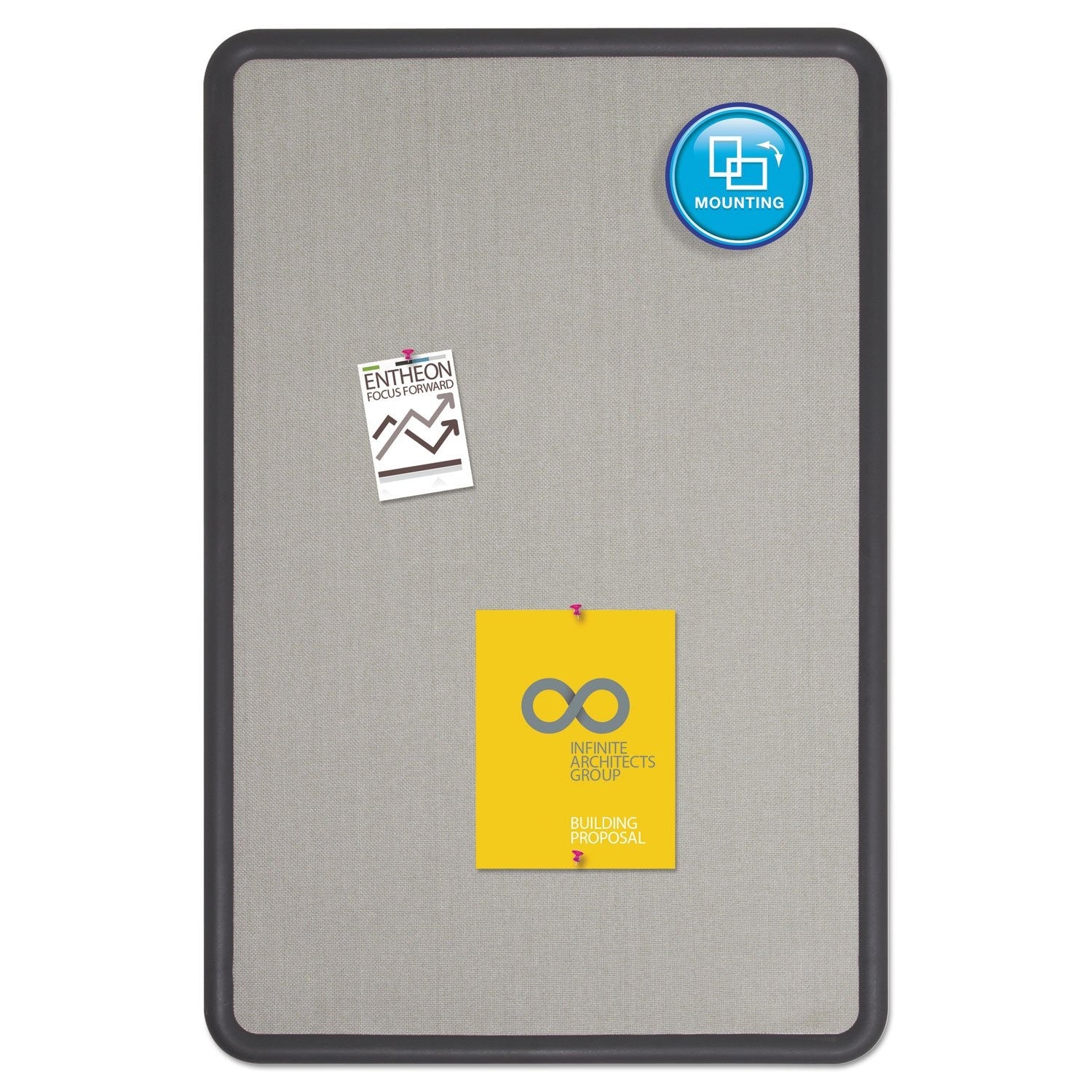 Quartet fabric bulletin board in contour gray, 3x2 feet, ideal for office use, with a soft fabric surface and sturdy frame.