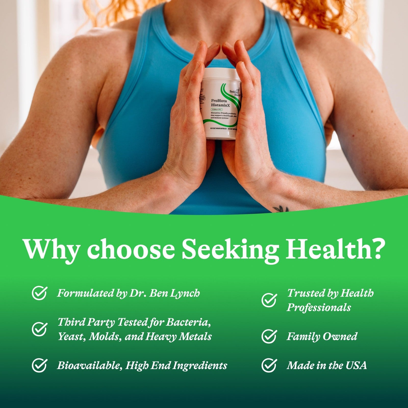 Seeking Health ProBiota HistaminX digestion supplement bottle with capsules for gut health support and histamine regulation.