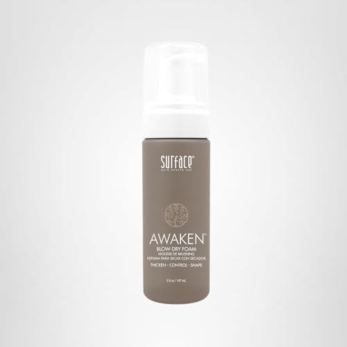 Surface Hair Awaken Thickening Blow Dry Foam bottle for fine, fragile hair, showcasing the product's packaging and label.