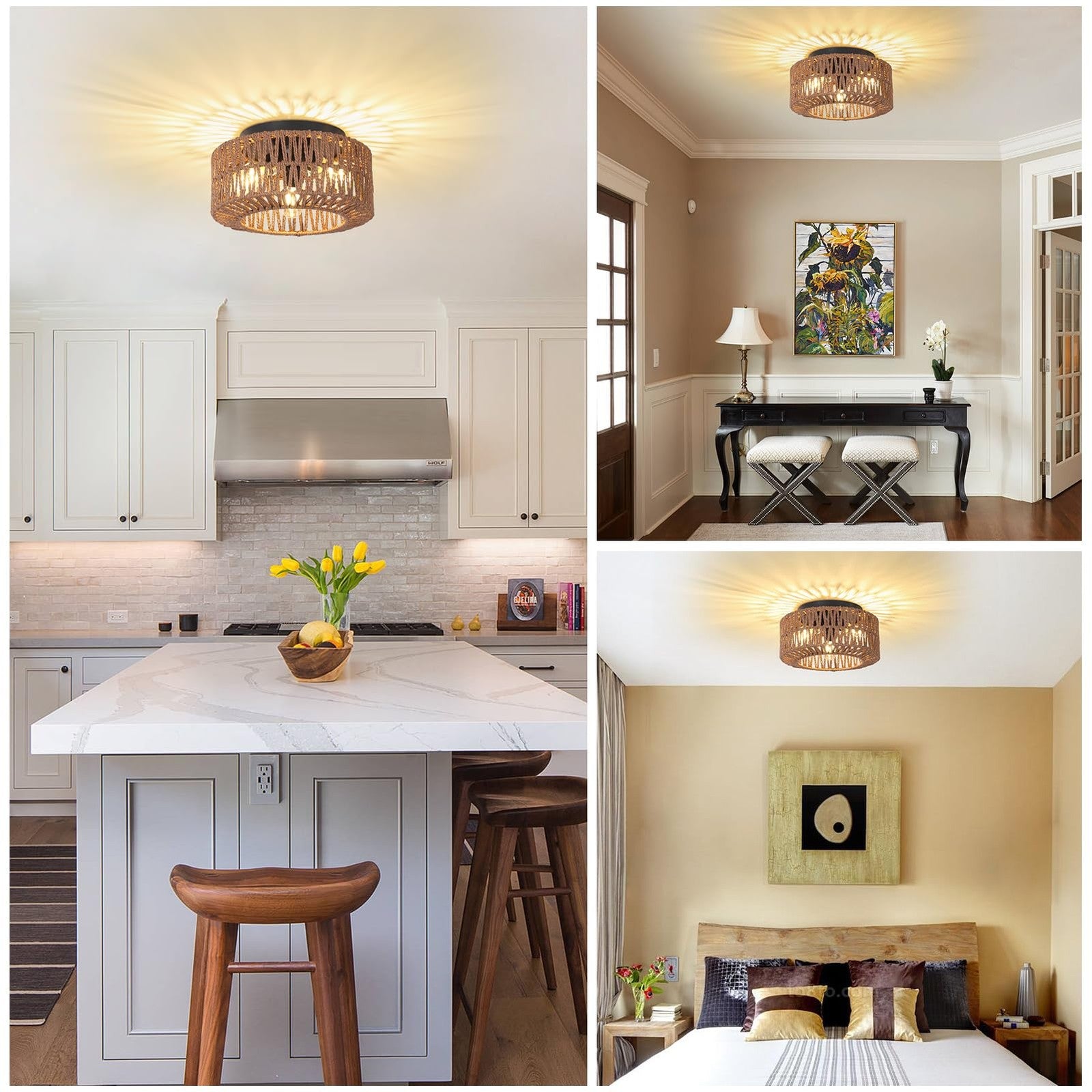PAUFUL boho farmhouse 3-light rattan ceiling mount light fixture with woven rattan design and rustic style.