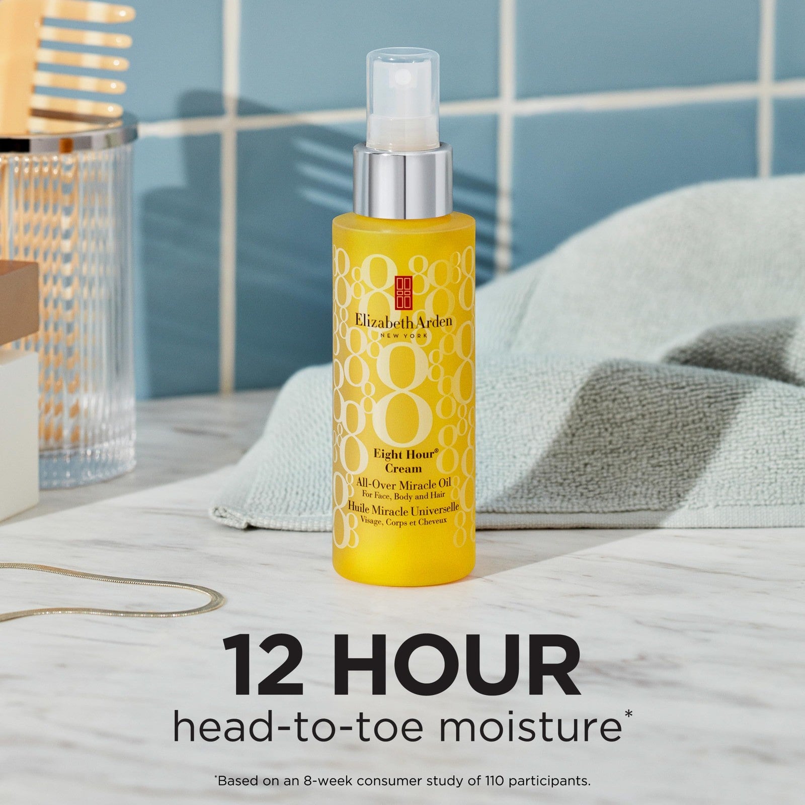Elizabeth Arden Eight Hour All-Over Miracle Oil bottle showing the 3.4 oz size, designed for face, body, and hair hydration.