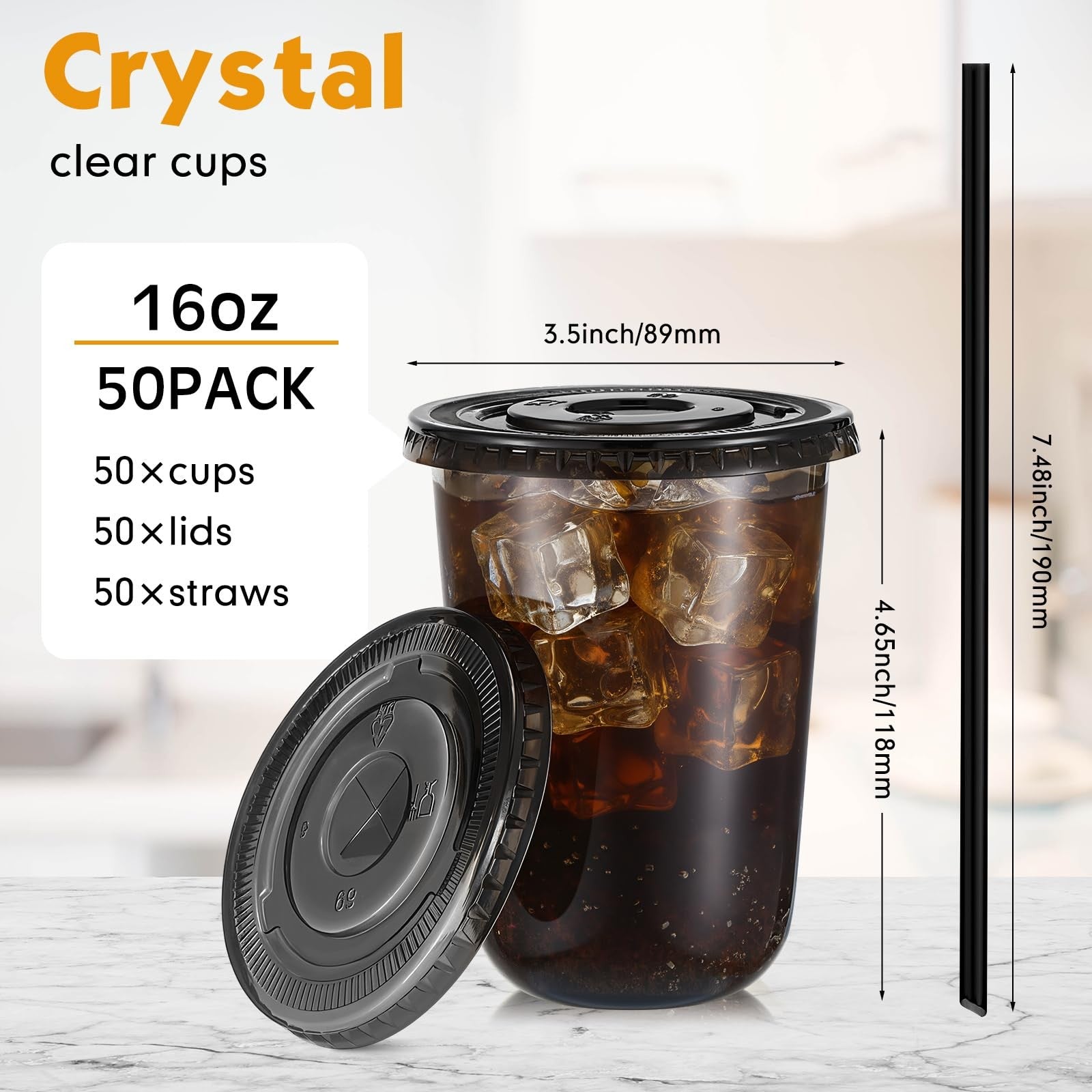 Ziliny 50-pack of 16 oz clear plastic cups with lids and straws, PET disposable cups for iced beverages, shown stacked with lids and straws.