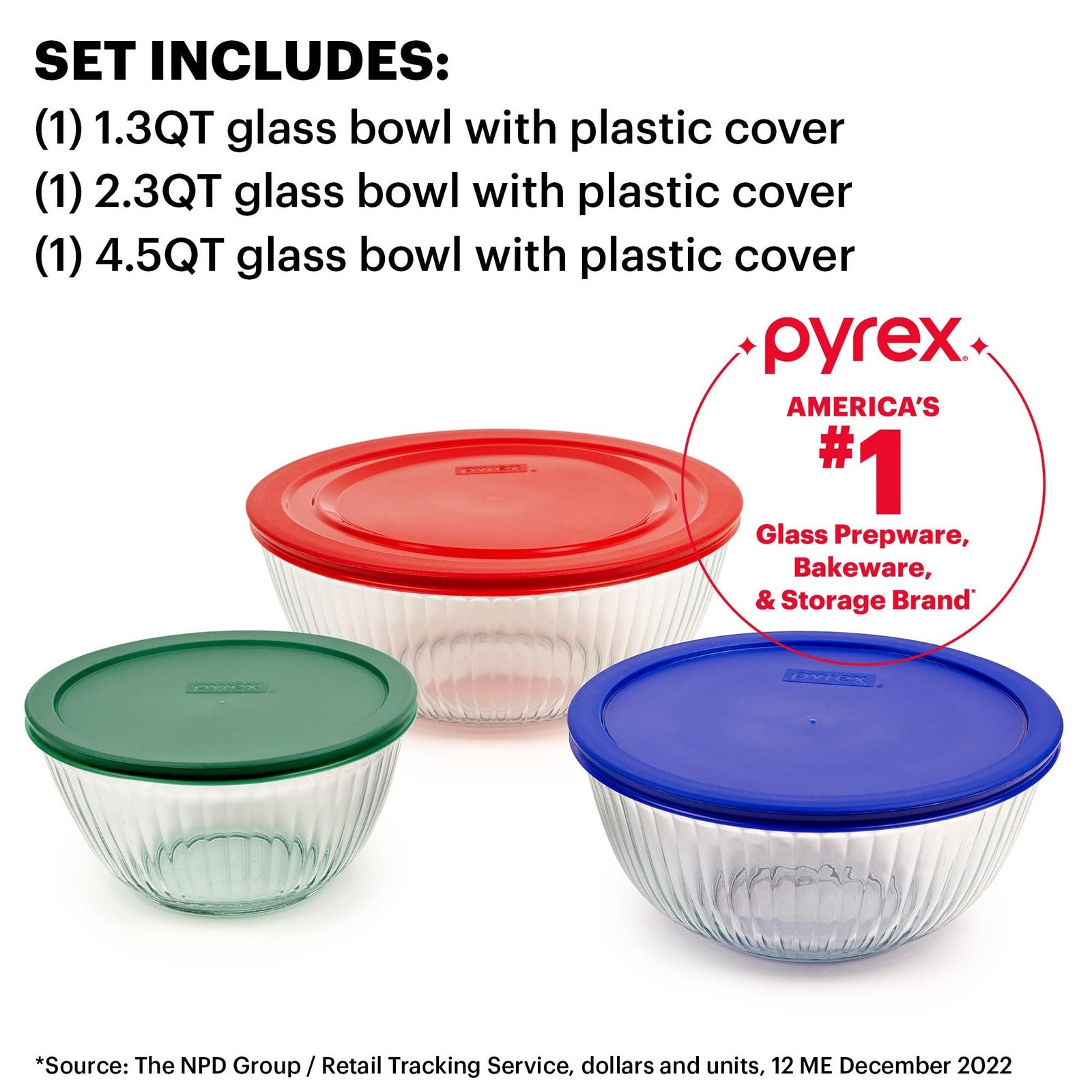 Set of three Pyrex glass mixing bowls with lids, featuring sculpted designs for prep, mixing, and storage.