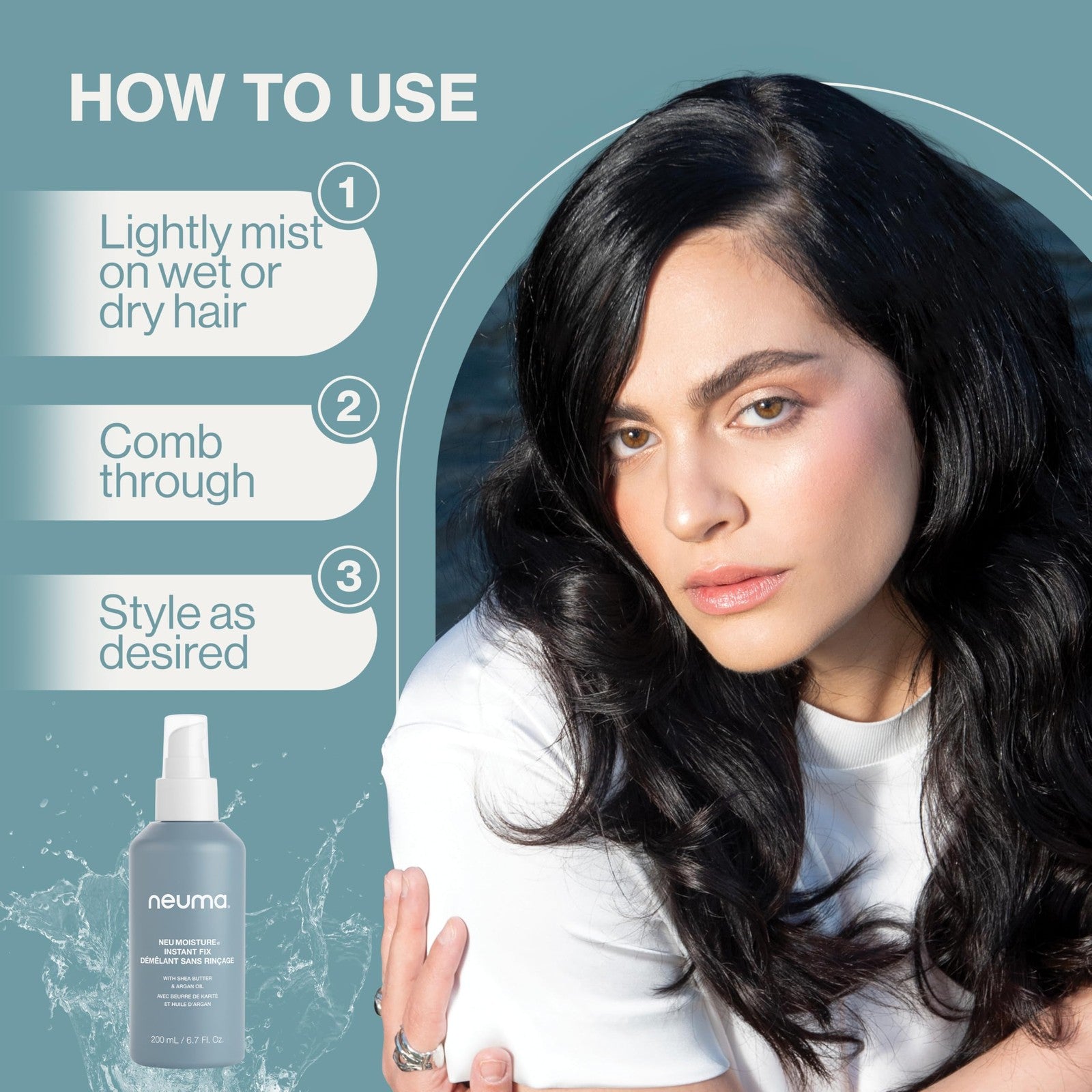 Neuma Neu Moisture Instant Fix leave-in hair treatment spray bottle, 6.7 fl oz, for detangling and moisture.