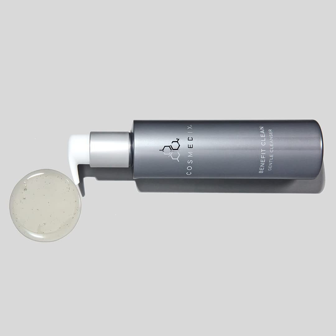 COSMEDIX Benefit Clean Gentle Face Wash Gel, hydrating facial cleanser for women and men, showing the clear gel bottle and pump.